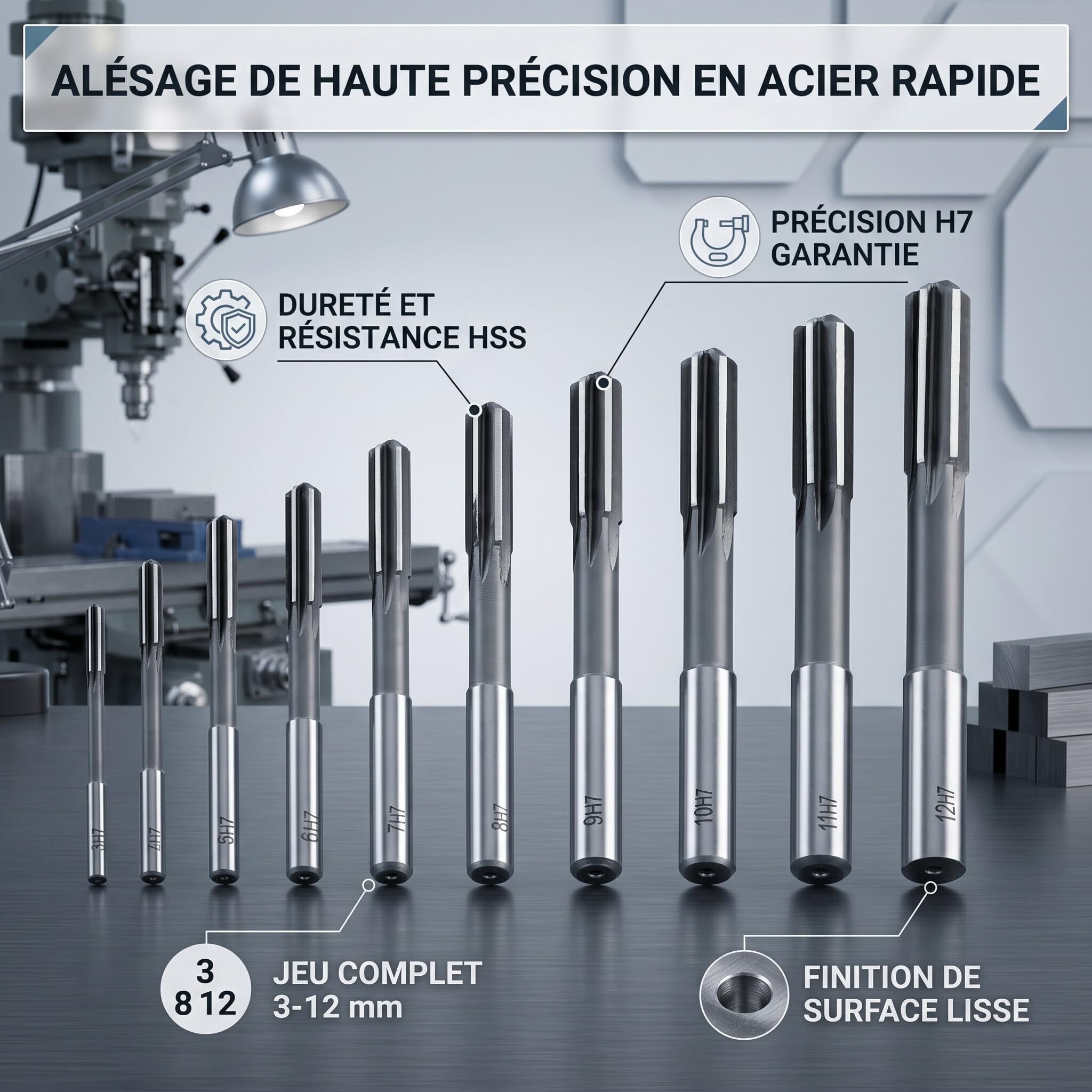 10 Pcs Alésoirs de Machine, outil d'alésage, Alésoir Machine de Coupe 3/4/5/6/7/8/9/10/11/12mm, Alésoirs de fraisage pour l'usinage de Perçages, Alésoir de Fraisage HSS H7 à Rainure Droite
