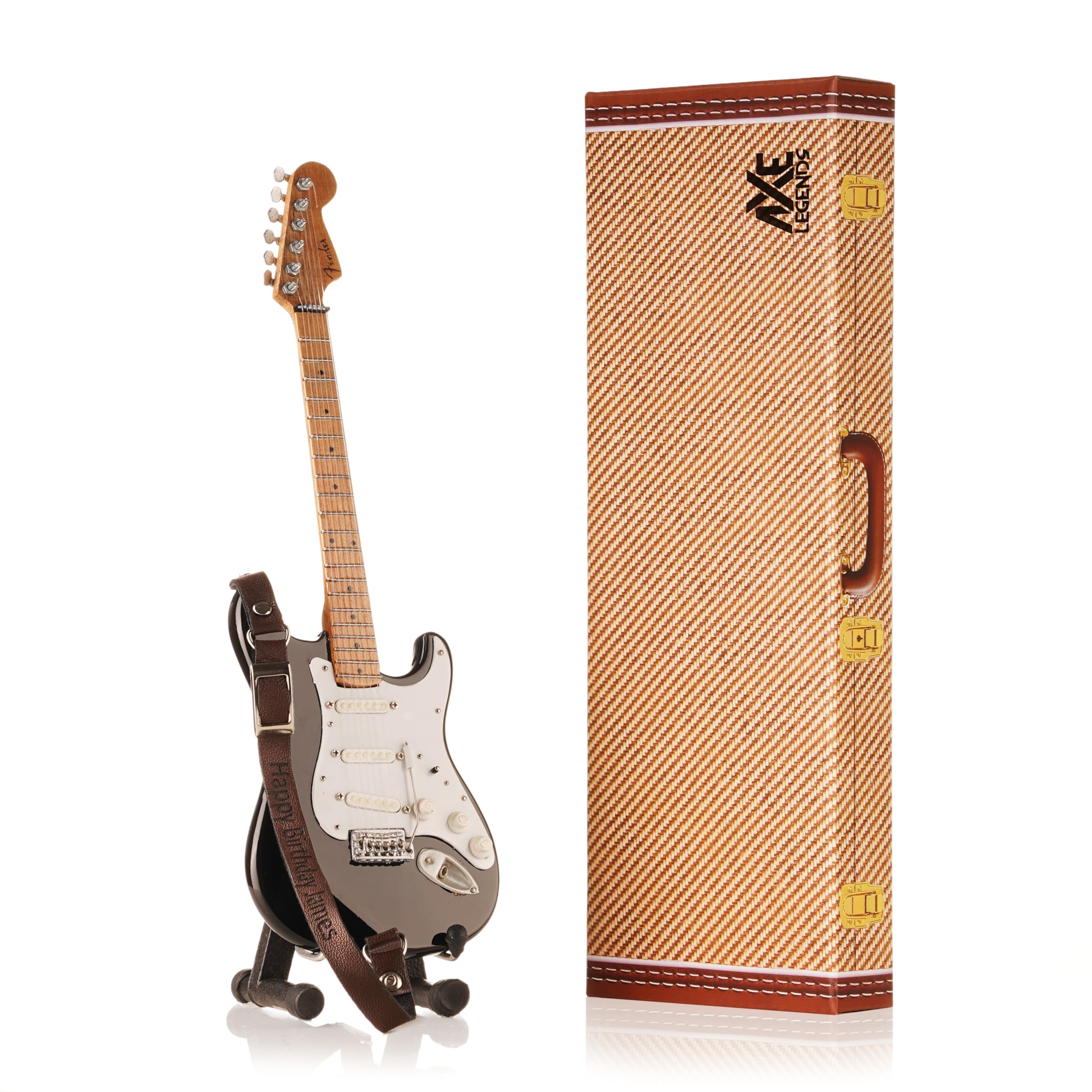Axe Legends Clapton Black Strat Miniature Guitar | Handmade Wooden Mini Replica Includes Personalised Mini Leather Guitar Strap and A-Frame Display Stand | 25 cms Tall | Shipped in Gift Box