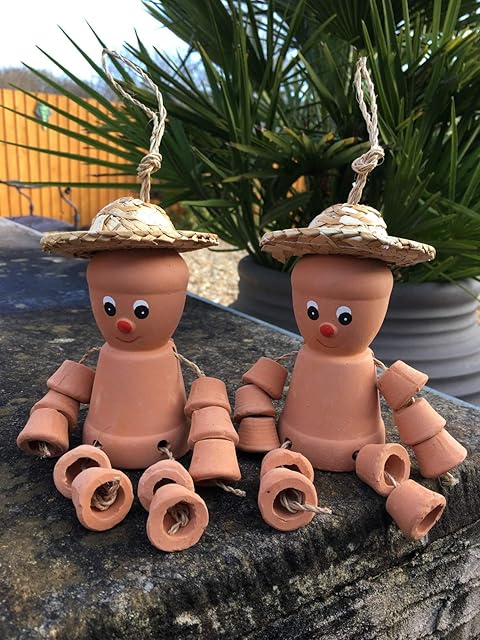 Set of 2 Clay Terracotta Flower Pot Men Bill & Ben Style (Small Size)) Garden Ornament