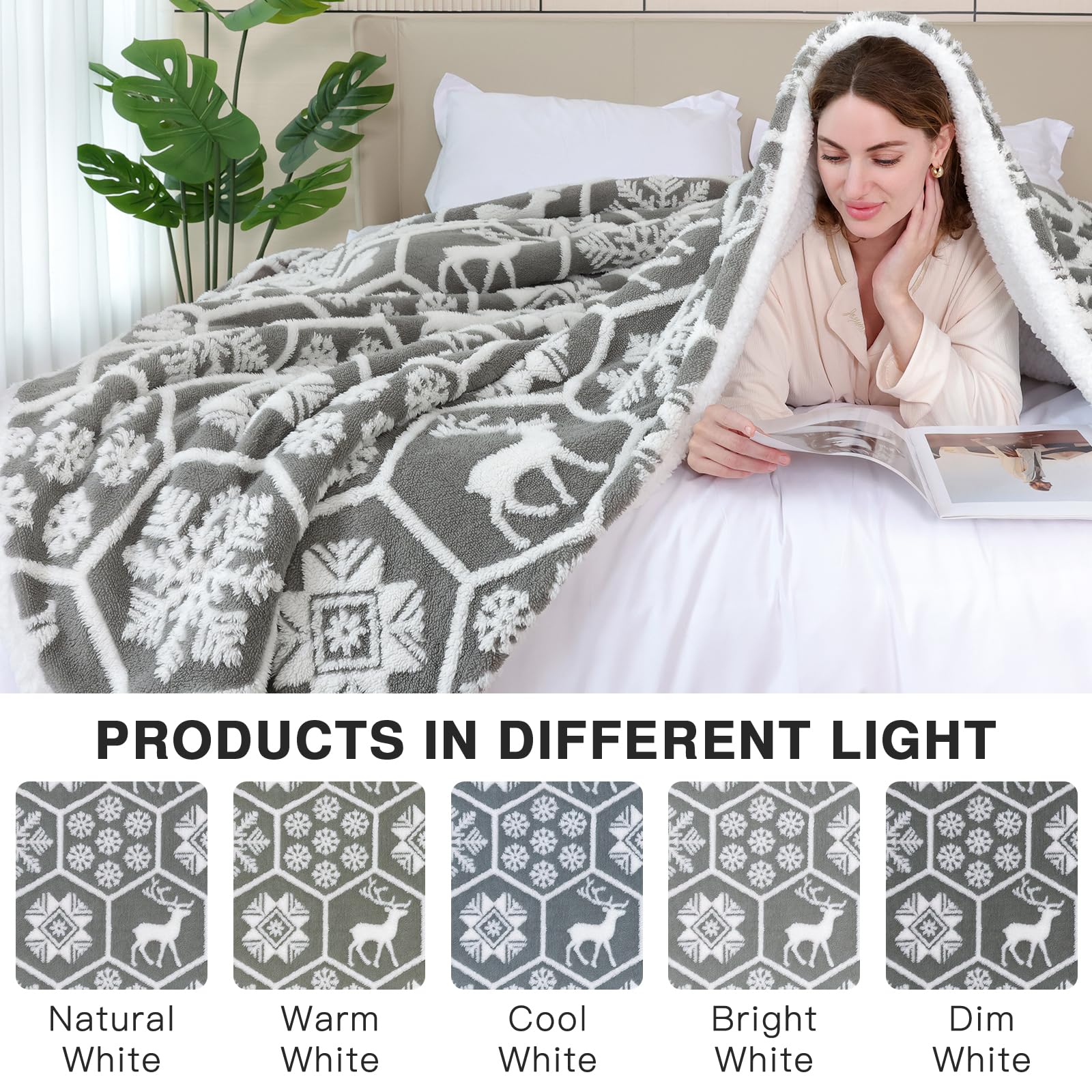 PanxHome Coperta Plaid Pile 200x230cm, 520GSM per Natale Con Renne e Fiocchi Di Neve, Pelosa per Letto Super, Blanket di Alta Qualità, Una Coperta di Natale per Tutti(Grigio)