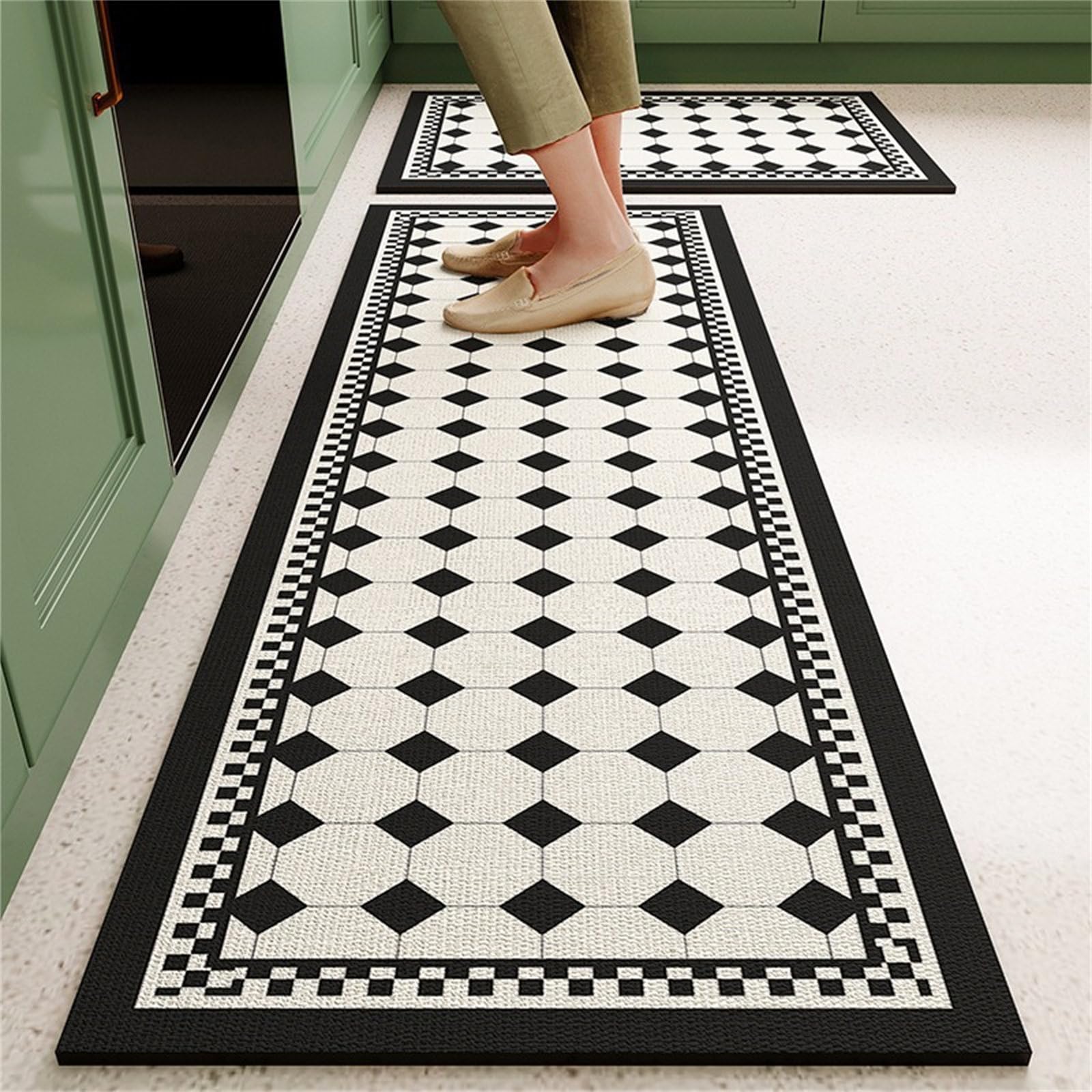 Highdi Kitchen Rug, Modern Checkerboard Kitchen Mat, Door Mat, Kitchen Mats non Slip Washable, Water Absorbent and Quick Drying Kitchen Rugs, for Kitchen, Entryway, Hallways (50x160cm,White)