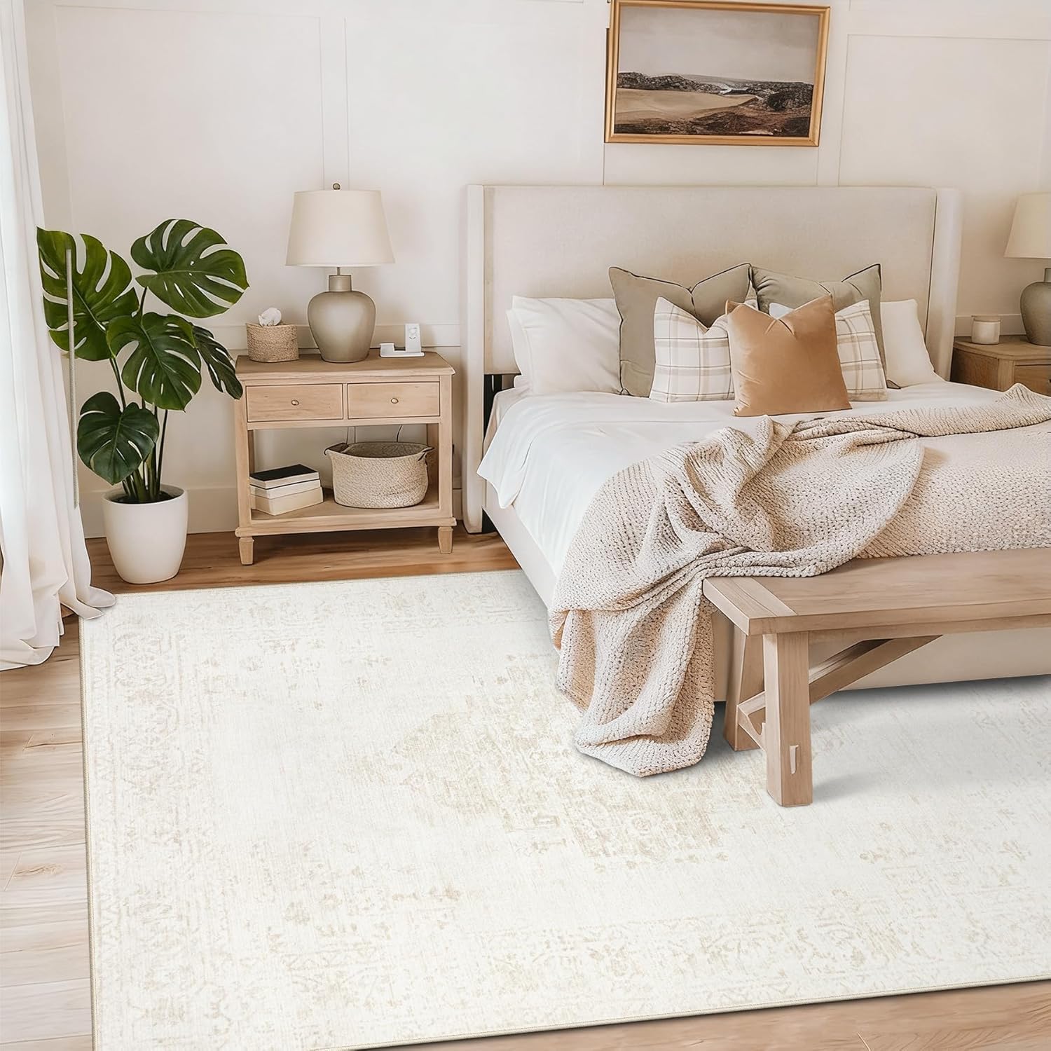 Washable Rugs 5x7 Living Room Rug: Vintage Neutral Area Rugs Soft Non-Slip Indoor Low Pile Carpet for Bedroom Dining Room Nursery Office (Beige, 5' x 7')