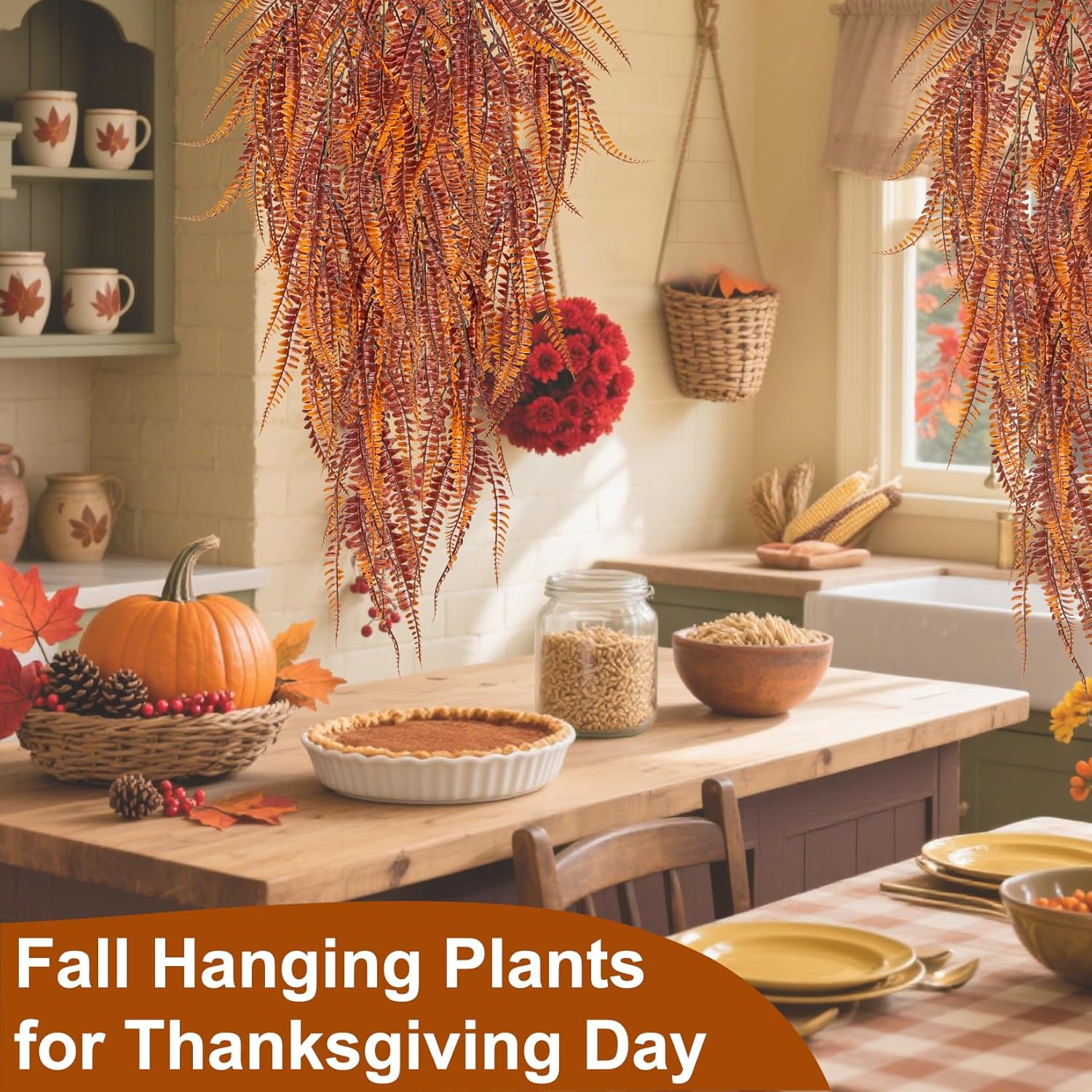 Thanksgiving Artificial Fall Flowers for Outdoor - 2PCS Lifelike Fake Fall Plants Boston Ferns with 69 Branches, Fake Hanging Plants for Front Porch Door Wall Home Garden Party Autumn Decor - Image 5