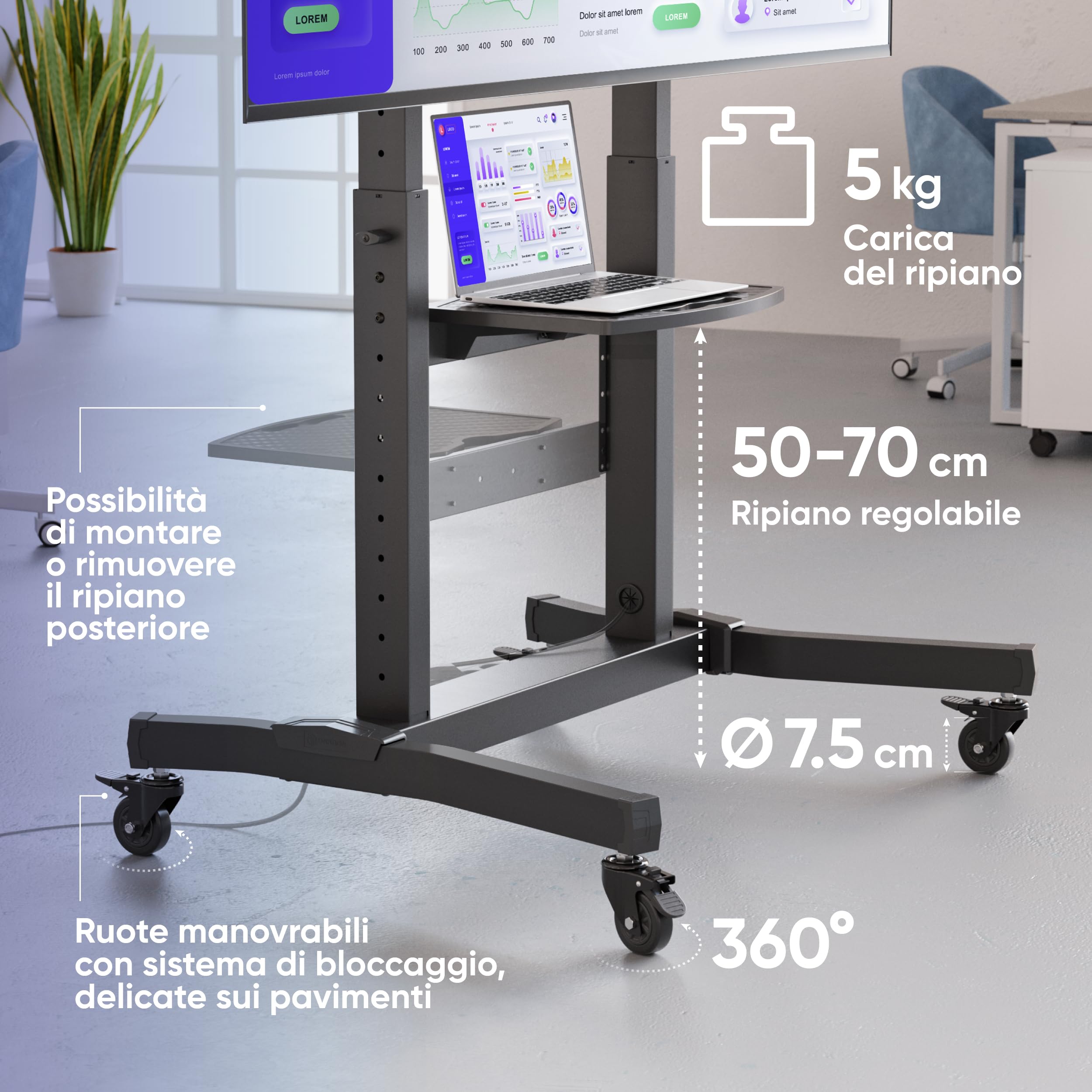ONKRON Carrello Porta TV con Ruote 50-100 pollici, Carico Totale 130 kg, VESA 200x200-1000x600, Supporto TV da Pavimento Regolabile in Altezza e Inclinabile, Porta Televisore Mobile, Nero TS1991-B