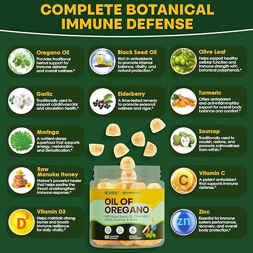 Miniatura 4 de Oregano Oil with Black Seed Oil Filled Gummies, 12 IN 1 Oil Of Oregano Supplement for Immune & Digestive w/ High Carvacrol & Thymoquinone, Olive
