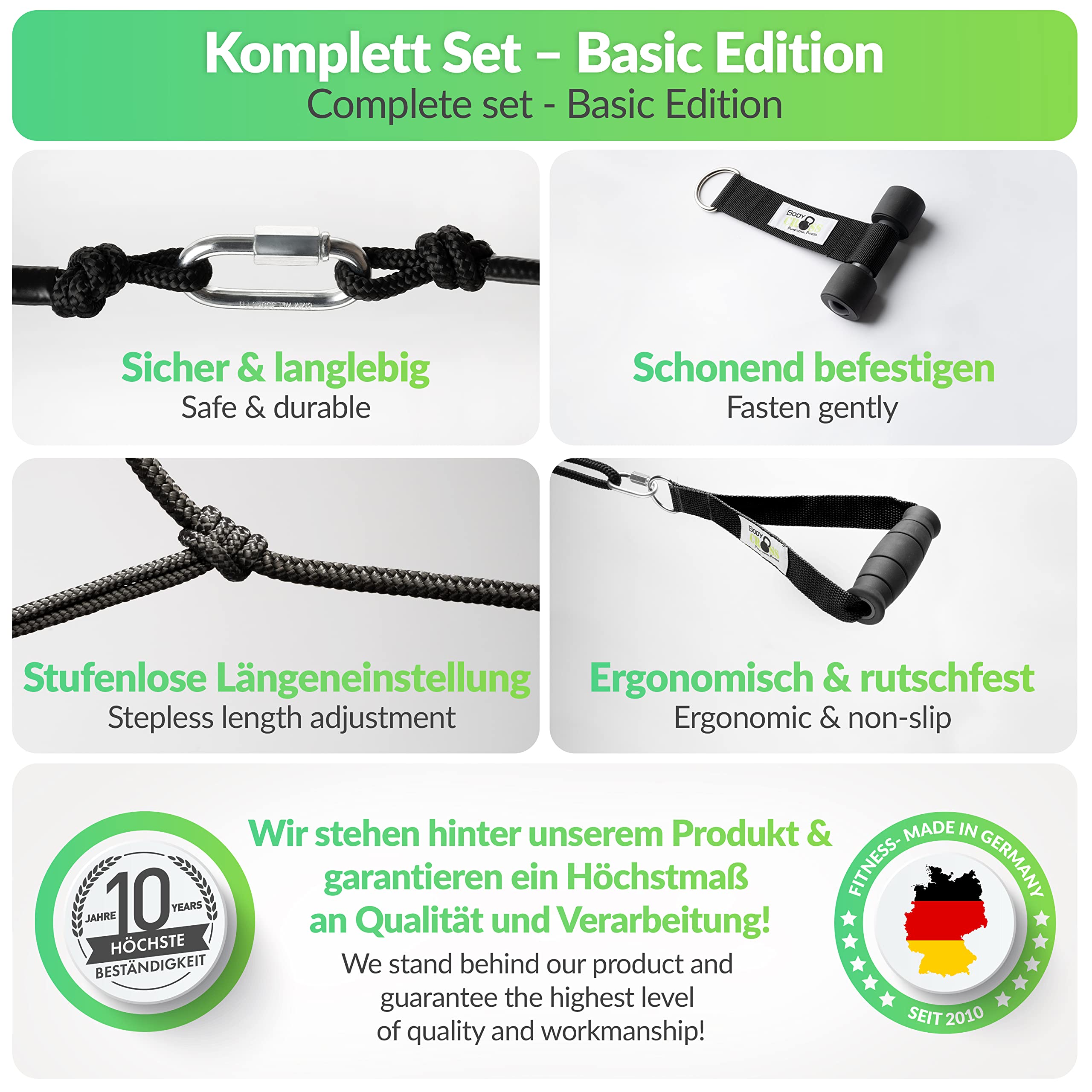 BodyCROSS Premium Schlingentrainer mit Umlenkrolle für zuhause| Türanker, Befestigung, Poster & Trainingsplan| Krafttraining Made in Germany| geprüft & Zertifiziert| Slingtrainer Set| 10 J. Garantie