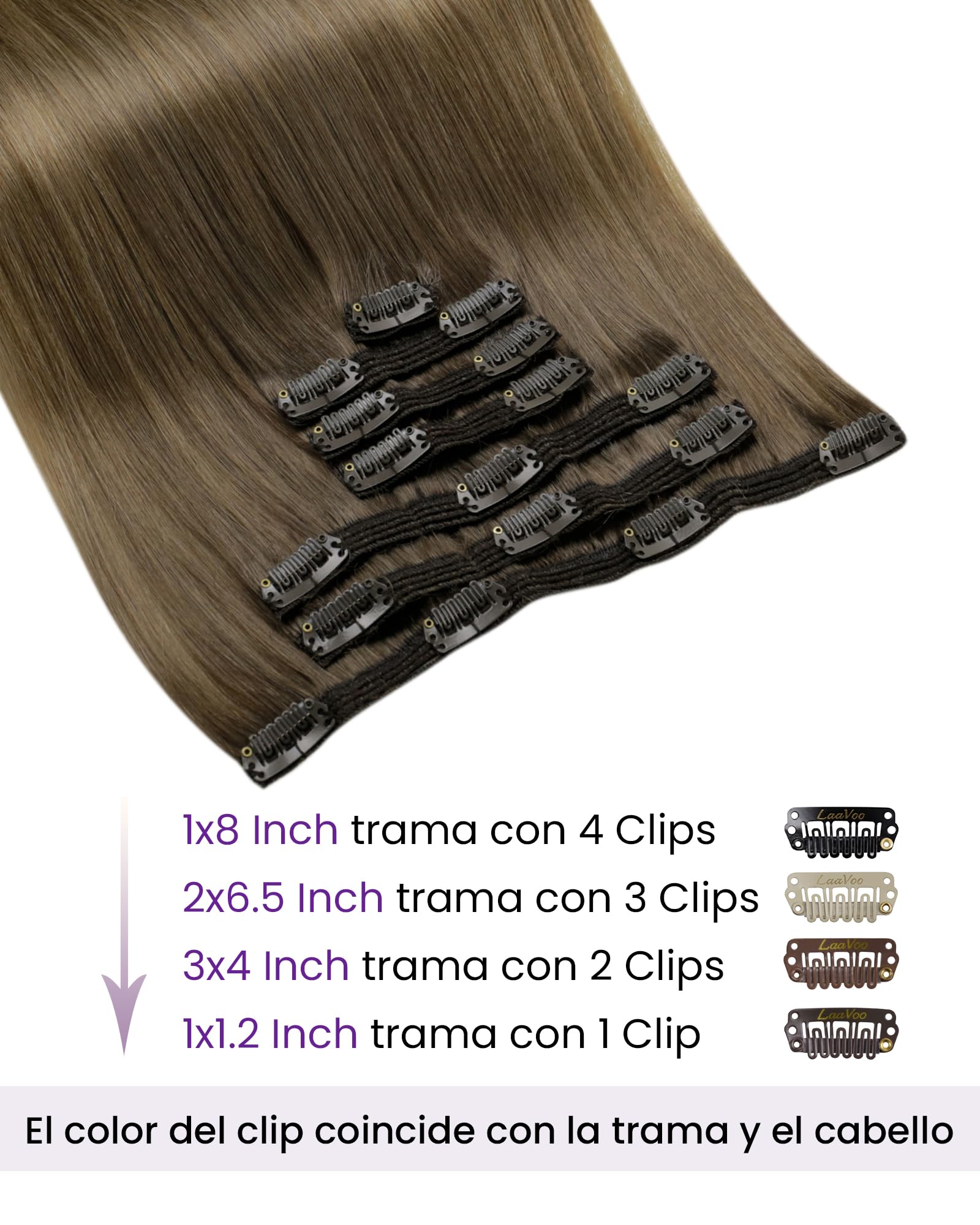 LaaVoo Extensiones Clip Marrón Balayage Extensiones de Cabello Natural Clip Marrón Claro Ombre Rubio Oscuro Extensiones de Pelo Humano Con Clip 50cm/20Pulgadas 7piezas/135g #6/8/14