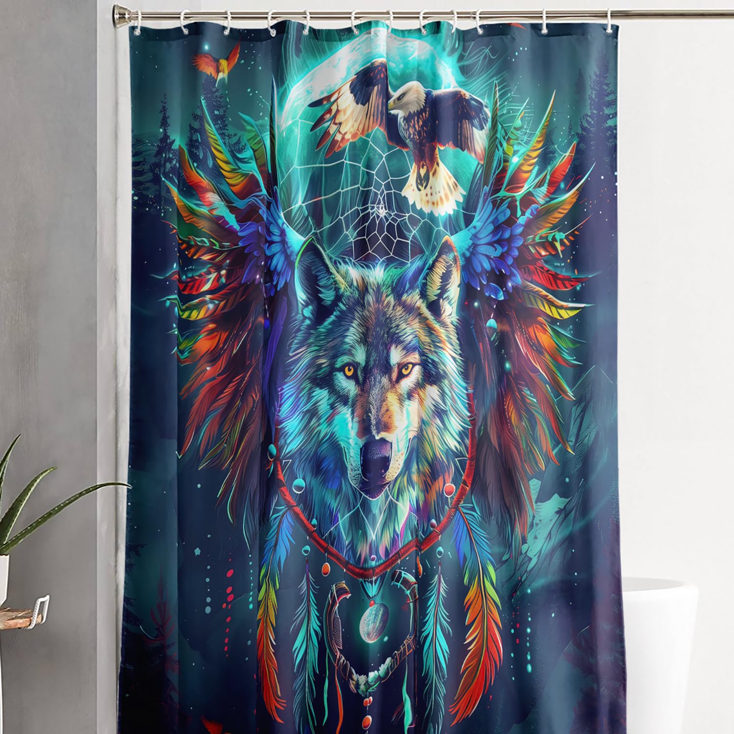 AILONEN Wild Wolf Shower Curtains Set,Dream Catcher Colored Wing Feather Bathroom Curtain Set for Kids Teens Adults,Boys Eagle Forest Wildlife Waterproof Shower Curtain with Hooks,48