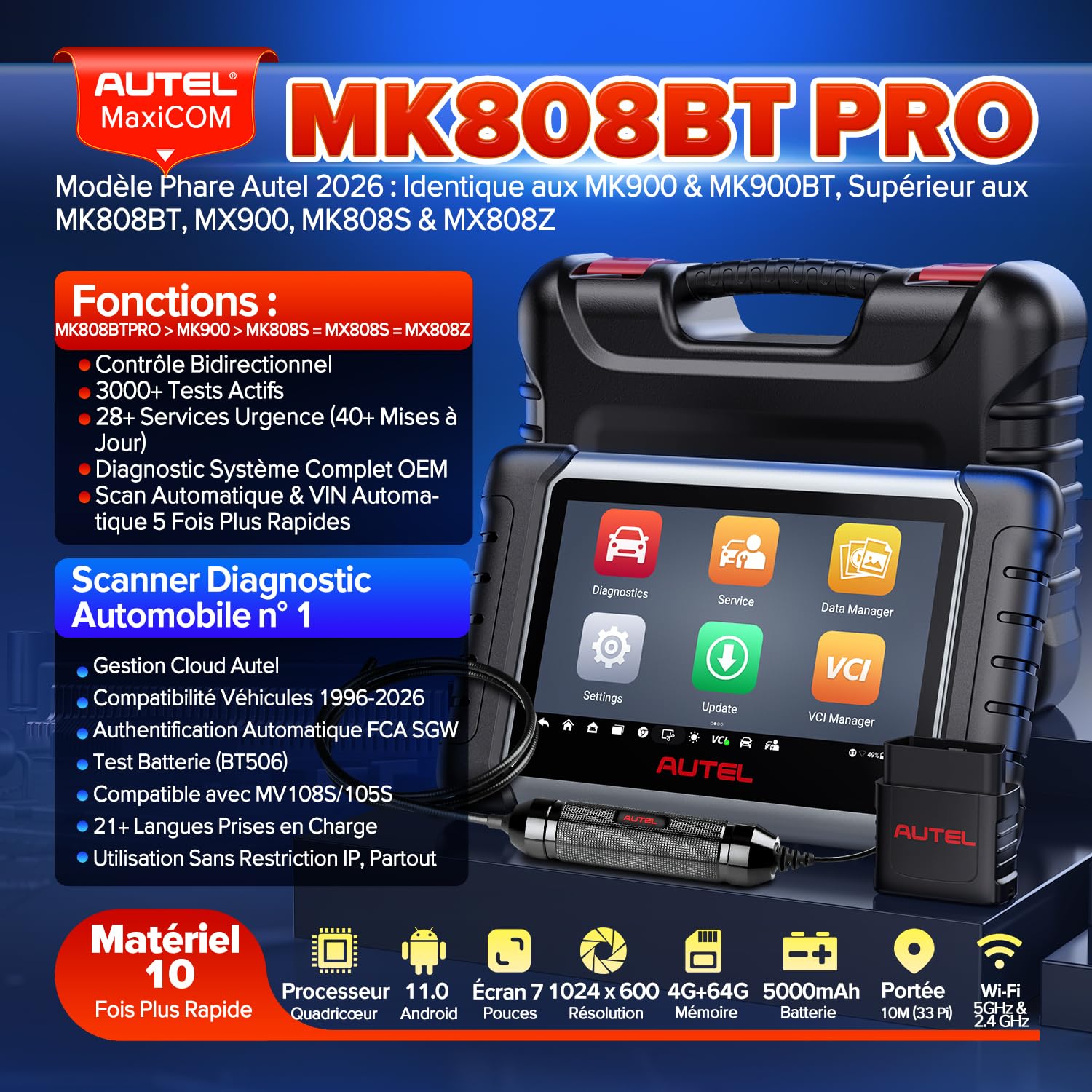Autel MaxiCOM MK808BT Pro Valise Diagnostic Auto, 2026 3K+ Bidirectionnel