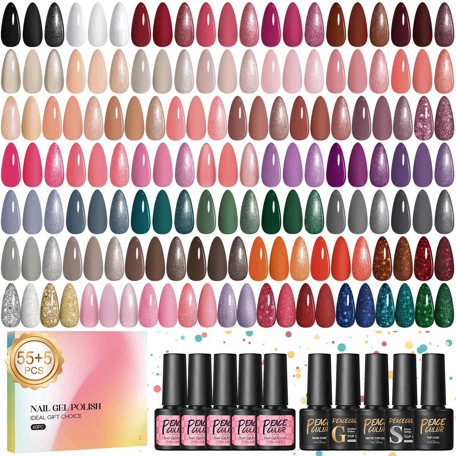 PEACECOLOR 60PCS Gel Nail Polish Set: Gel Nail Polish Starter Kit White Nude Glitter Red Colours with Base Coat and Glitter Matte & Glossy Top Coat Manicure Kit DIY Home Gifts for Women