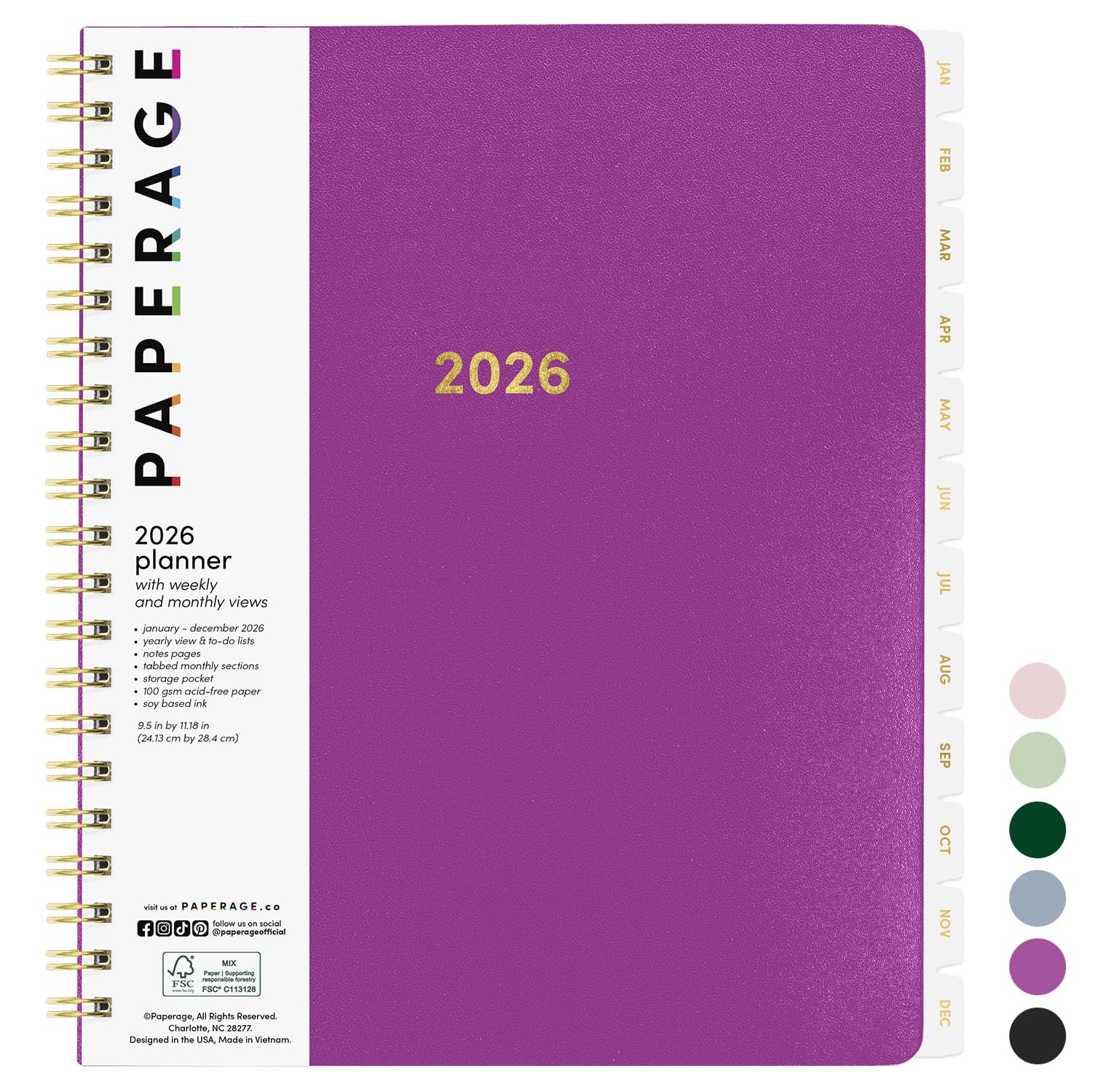 PAPERAGE 2026 Weekly & Monthly Planner, 12 Months (January 2026 - December 2026), 9.2 in x 11.2 in, Spiral Bound 2026 Planner with Weekly, Monthly &