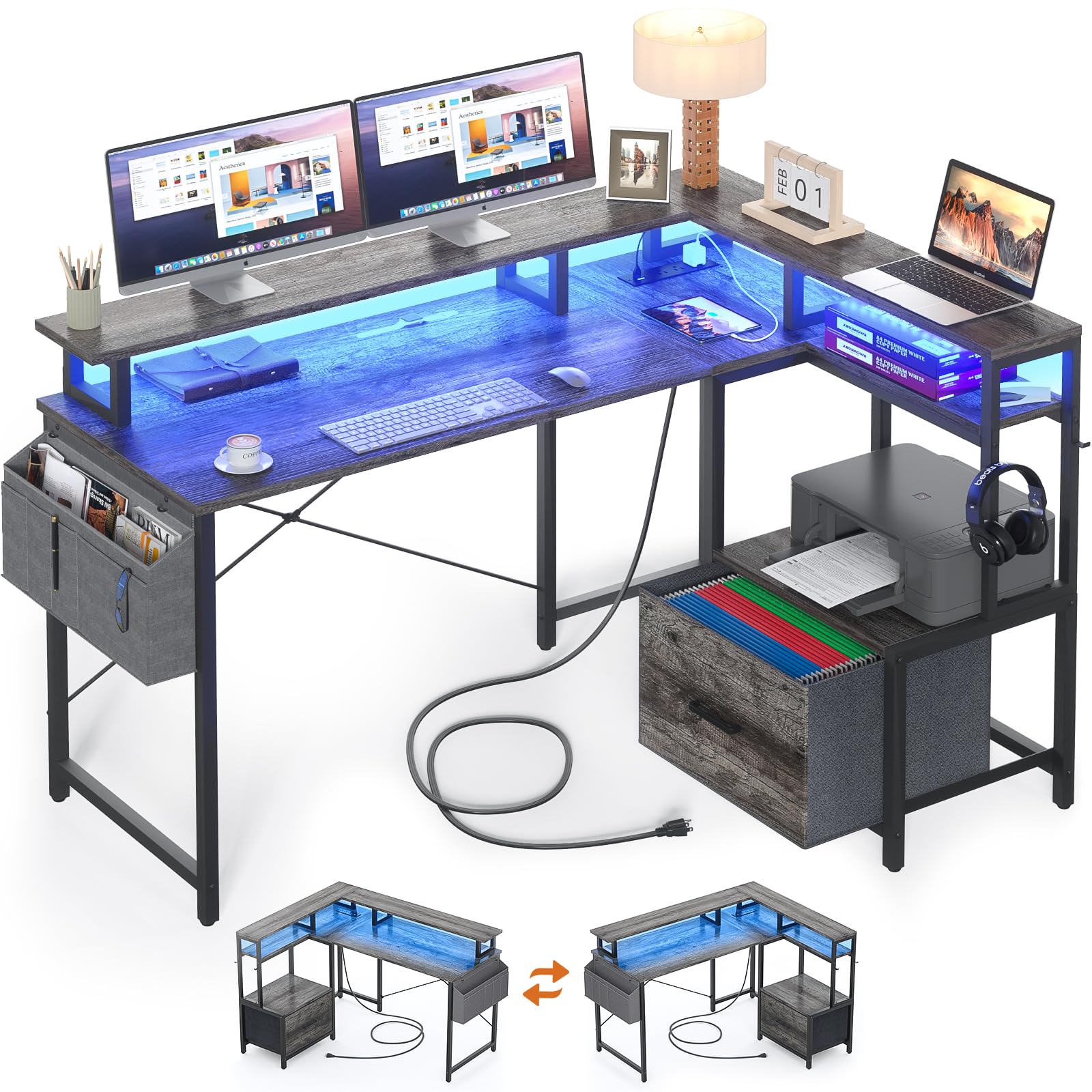 HomieasyComputer Desk with File Drawer Cabinet, L Shaped Office Desk with Printer Stand & Full Monitor Stand, 48 Inch Gaming Desk with Power Outlets Led Light Storage Bag Hanging Hooks, Black Oak