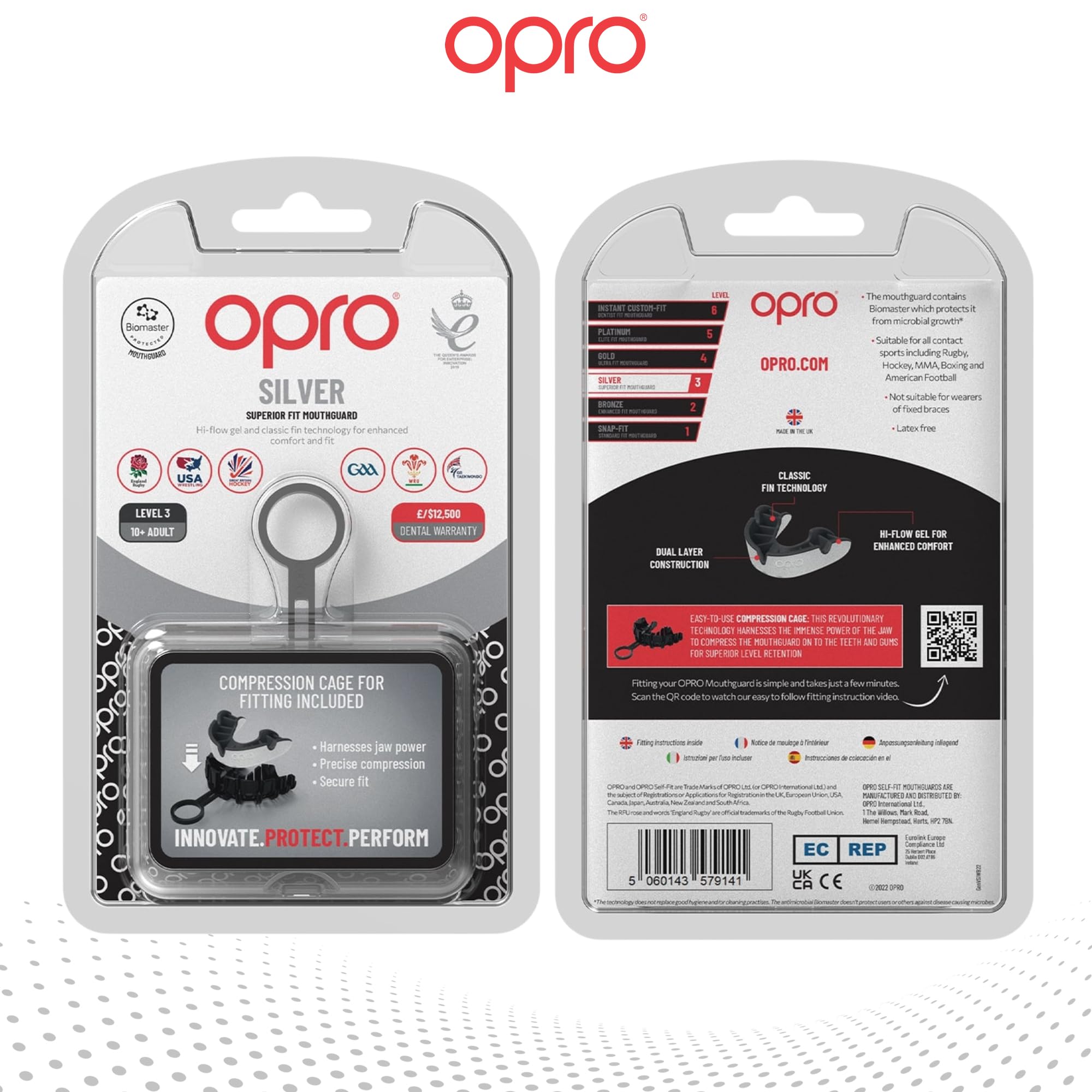 OPRO Paradenti Livello Argento - Aderenza Essenziale - Paradenti per Boxe, MMA, Rugby, Hockey - Protezione Dentale per Adulti e Bambini - Facile da Modellare - Con Garanzia Dentale