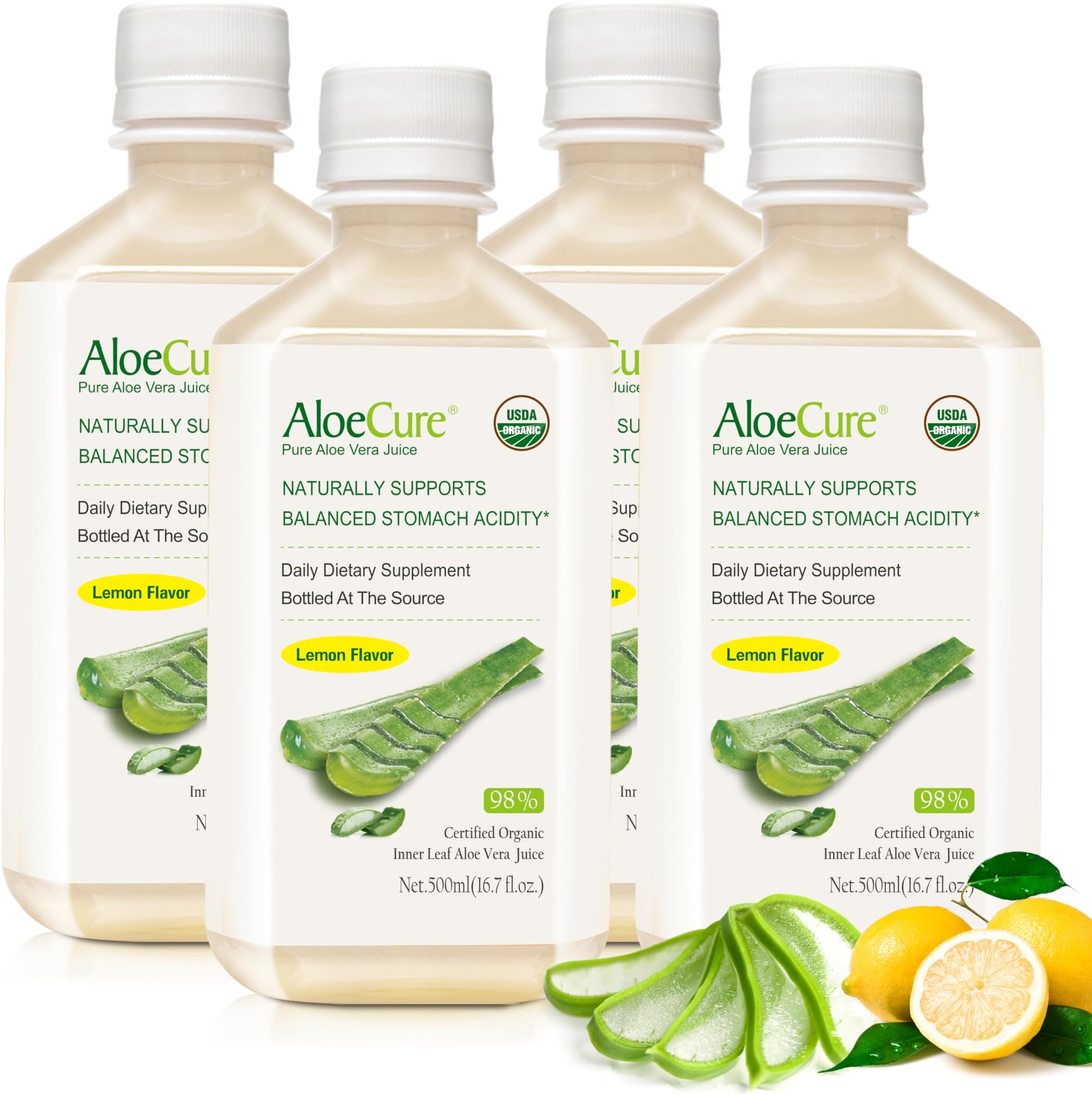 USDA Organic Aloe Vera Juice Lemon Flavor - Made Within 12 Hours of Harvest - Natural Digestive Supplement for Balanced Stomach Acidity - Support Digestive and Immune Health, 4 Btls x 16.7oz
