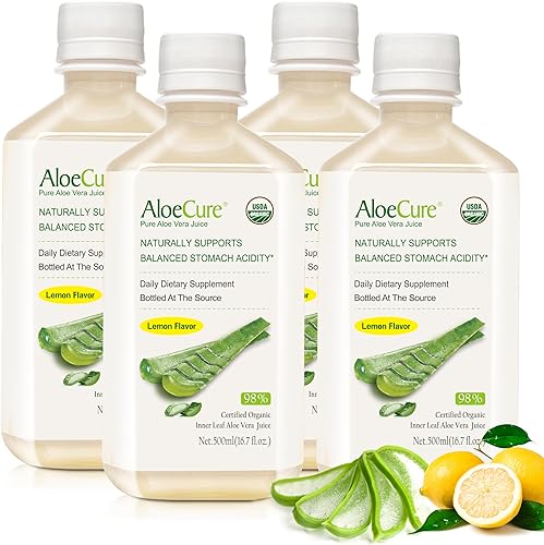 AloeCure USDA - Jugo orgánico de aloe vera sabor a limón, fabricado dentro de las 12 horas de cosecha, suplemento digestivo natural para una acidez