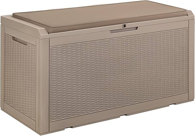 Devoko 100 Gallon Waterproof Large Resin Deck Box Outdoor Storage Box Indoor Lockable Storage Container with Cushion for Patio Furniture Garden Pool Cushions (Light Brown)