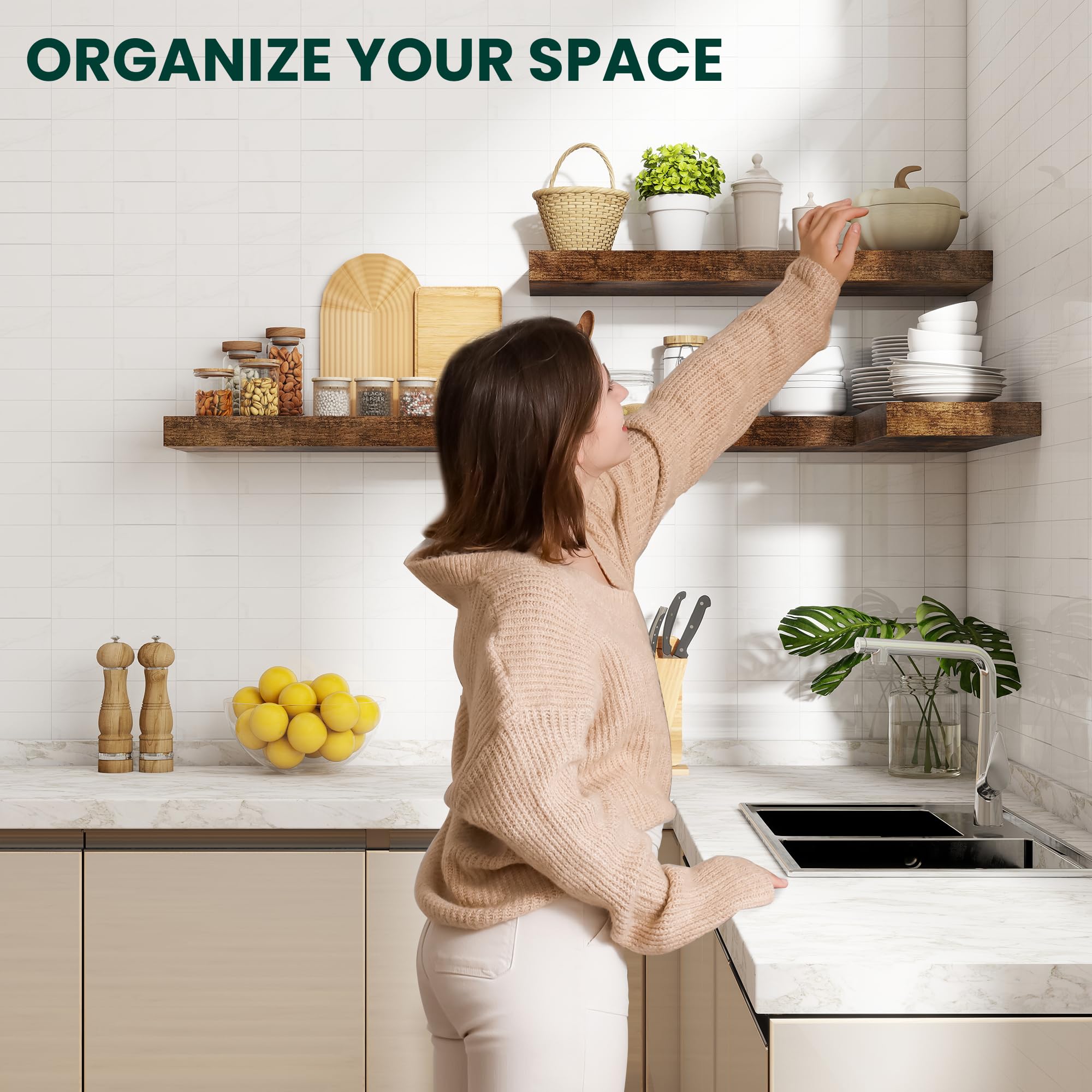 Juego de 2 estantes flotantes de 120 cm, soporte invisible, tablero de pared de madera MDF, estante de almacenamiento extra para cocina, baño, salón y dormitorio