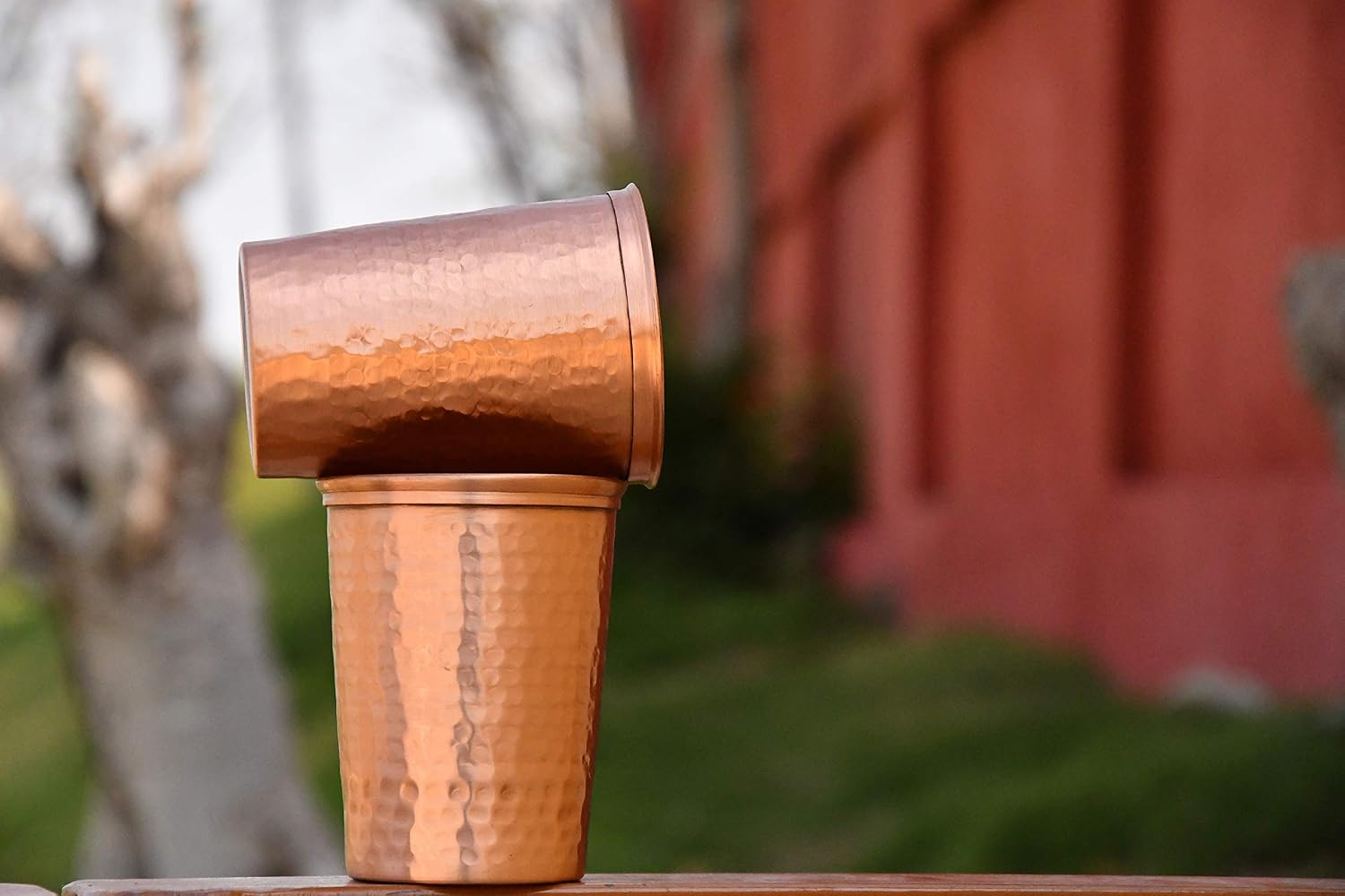 De Kulture Handmade Pure Solid Copper Water Glass Cup Tumbler Set Ideal Drinkware for Milk Water Ice Coffee Ice Tea Lassi, 3x 4.2 (DH) Inches, Set of 2, 450 ml
