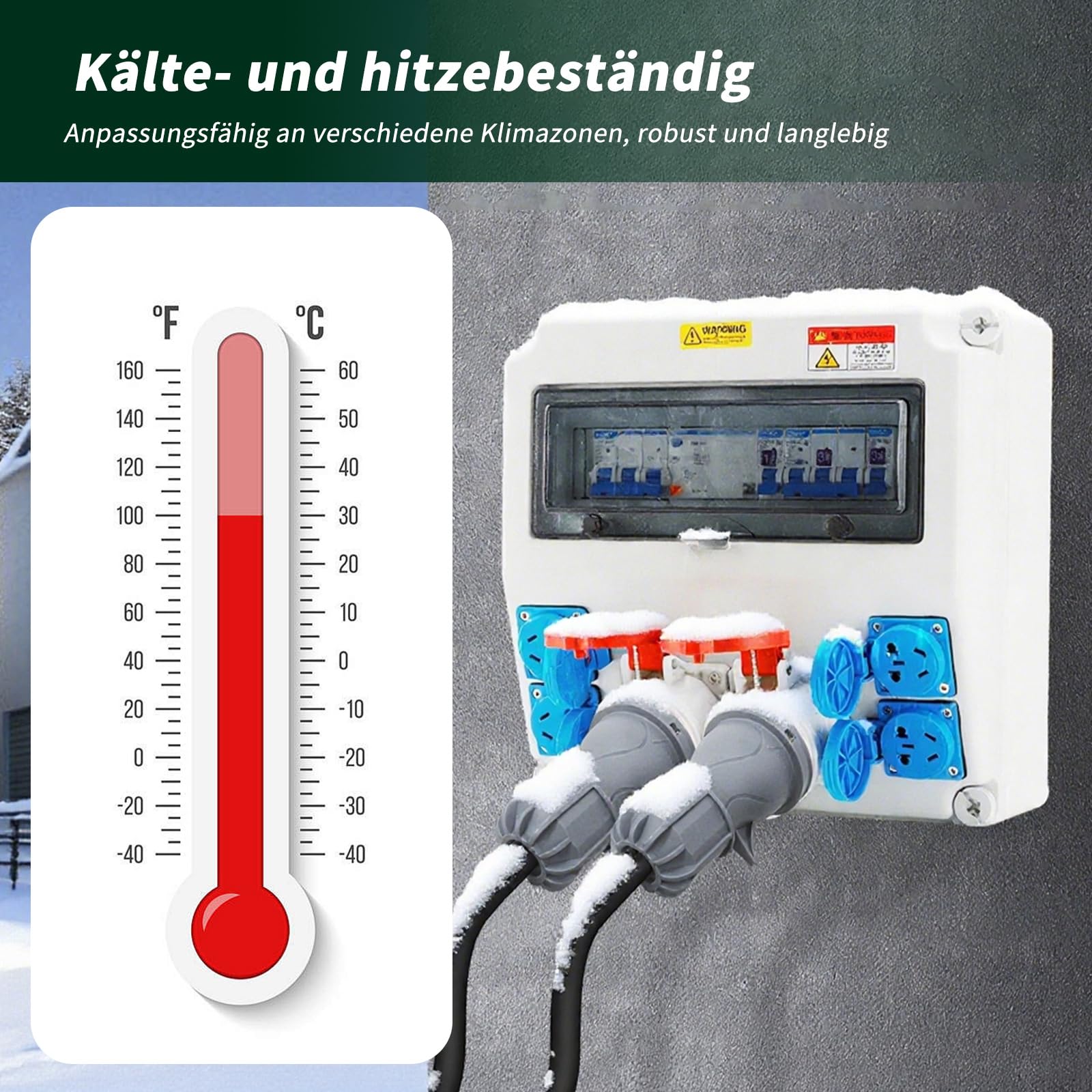 Adapter CEE 32 A na 16 A, 2 x wtyczka CEE 230 V 16 A, 5-biegunowy, przedłużacz 1,5 m, IP44-68, rozdzielacz prądu na kemping, na zewnątrz, do przemysłu, na plac budowy, do warsztatu
