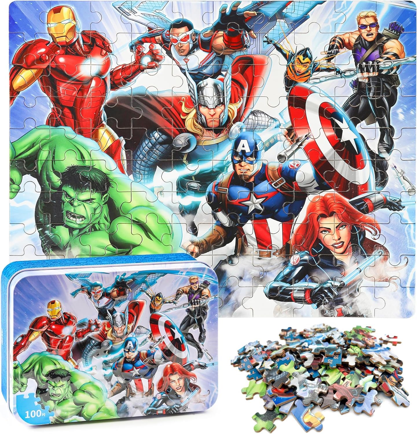 KASTWAVE 100Pcs Superhero Puzzles, Puzzles for Kids in a Metal Box, Jigsaw Puzzles for Kids Ages 4-8, Travel Puzzles Games, Portable Box Pack Puzzles, Boys Girls Children Learning Educational Puzzles