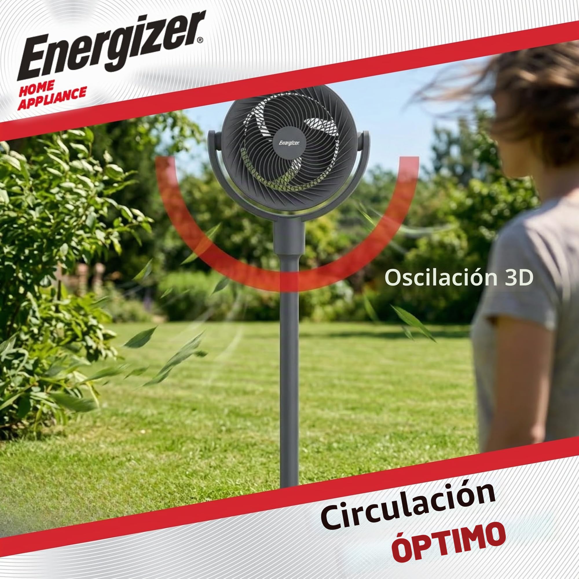 Energizer Ventilador de pie silencioso 35 dB, 1017 m³/h, 9 velocidades, oscilación 90°, portátil recargable 2400 mAh, altura 100 cm, cable USB incluido, para oficina y dormitorio, gris