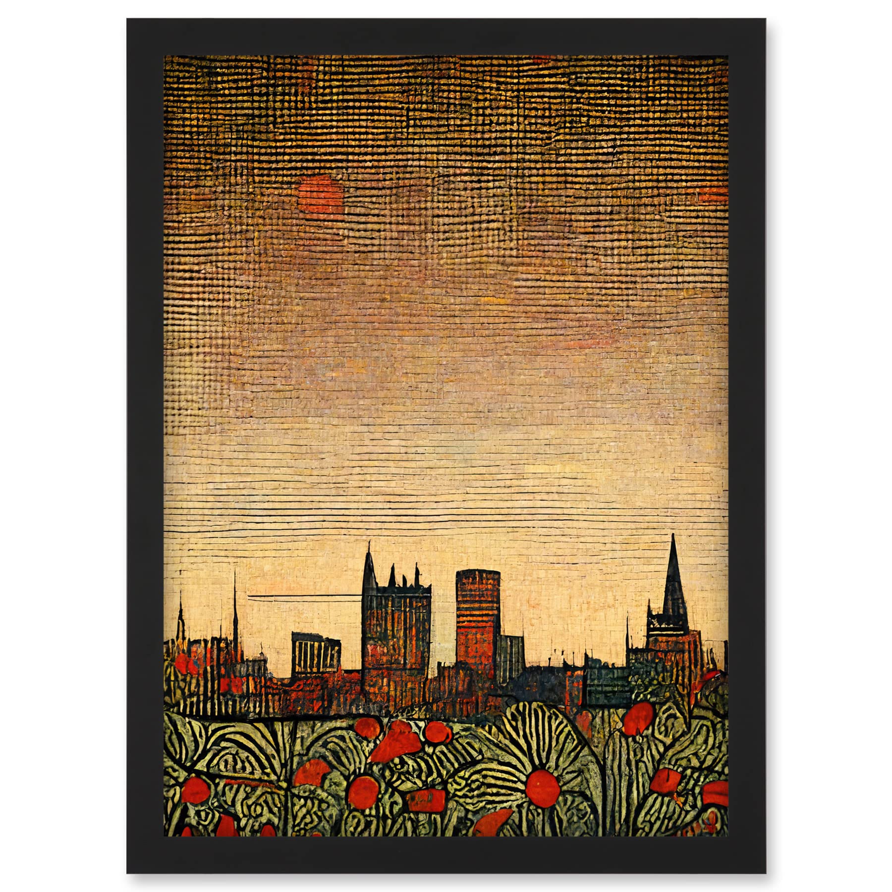 Doppelganger33 LTD Floral City Skyline Poppies William Morris Artwork Framed A3 Wall Art Print
