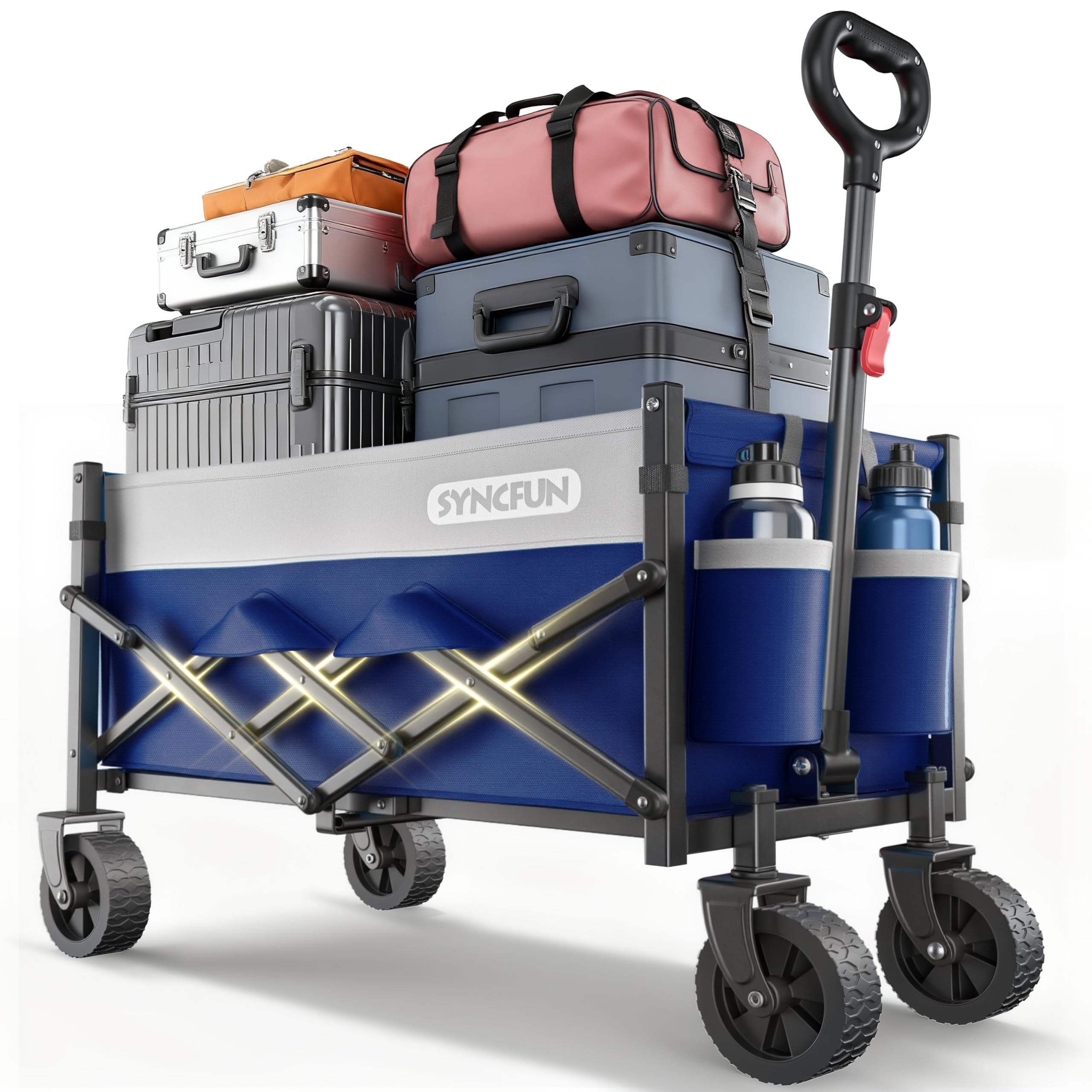 SYNCFUN Collapsible Wagon Cart Foldable 300lbs, Portable Rolling Shopping Carts on Wheels, Folding Sport Beach Wagons All Terrain, Heavy Duty Garden