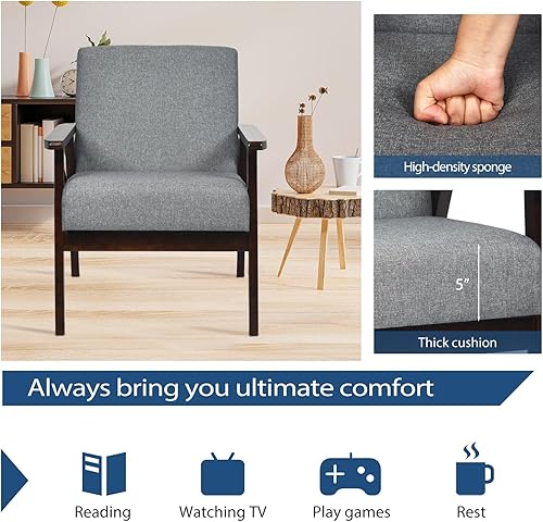 Miniatura 4 de POWERSTONE Juego de 2 sillas decorativas de mediados de siglo, moderno marco de madera, silla de lectura tapizada de lino, silla auxiliar de ocio