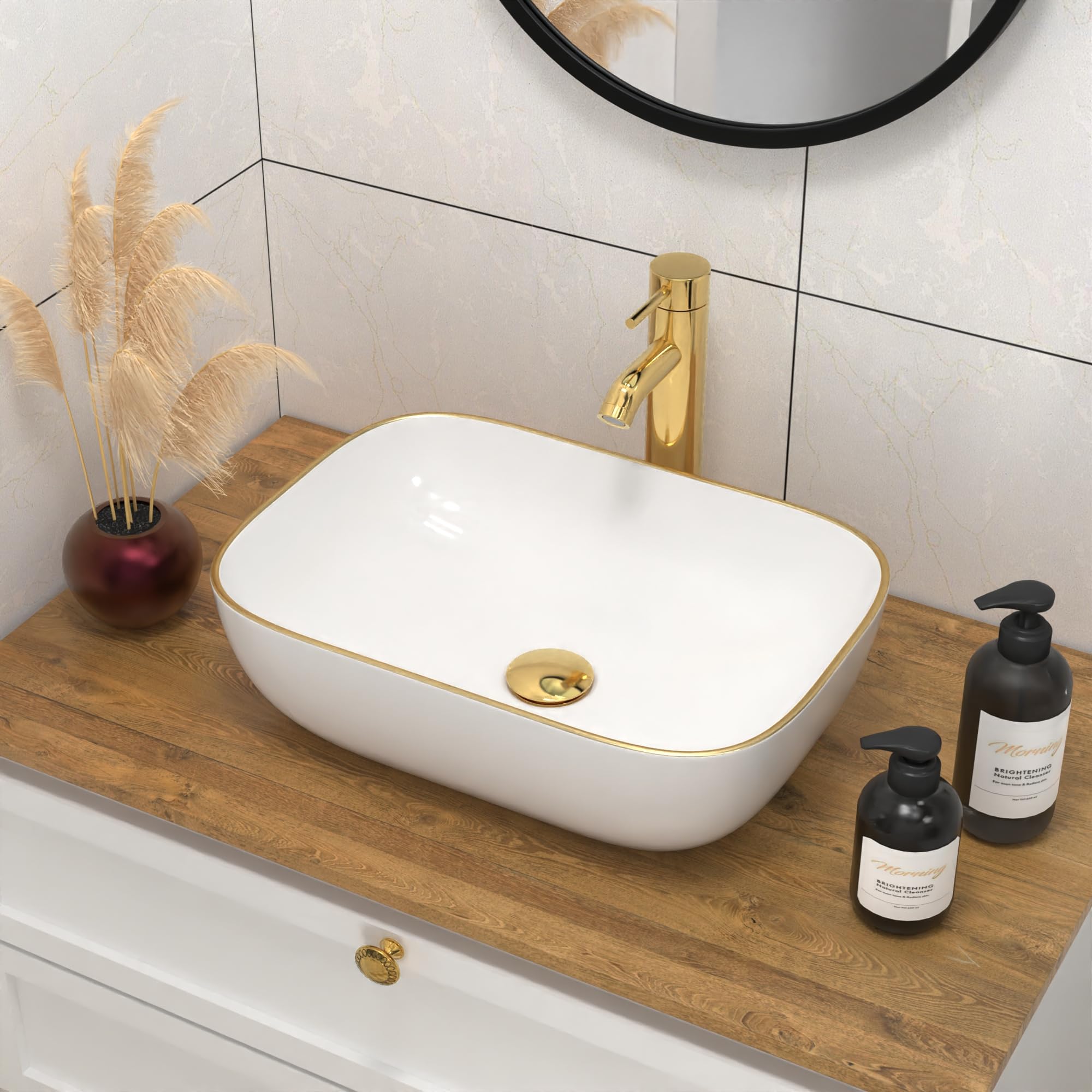 Évier de salle de bain au-dessus du comptoir J-FAMILY lavabo blanc et doré 46x33 cm