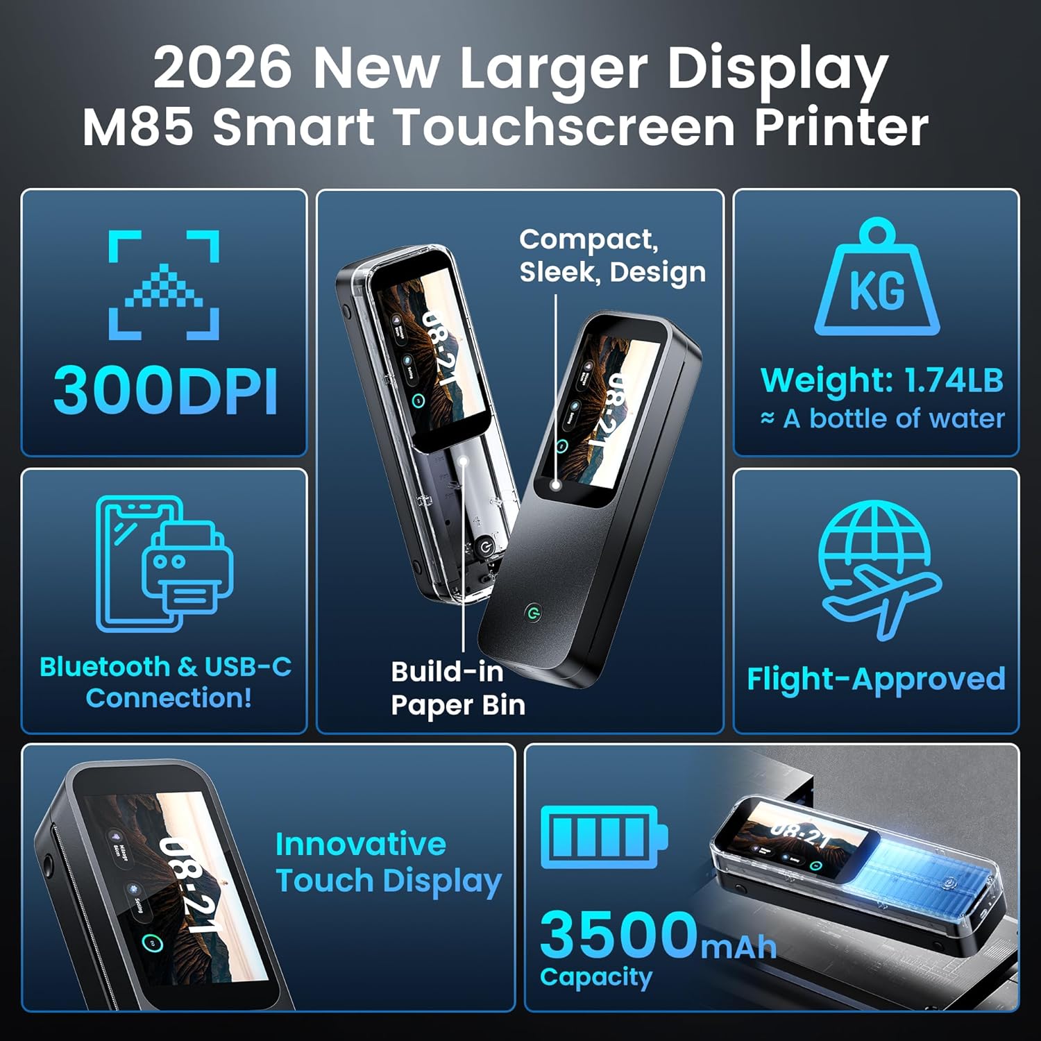 Phomemo M85 Portable Printers Wireless for Travel with Upgraded Touchscreen, Thermal Wireless Inkless Bluetooth Printer, Supports 8.5"x11"US Letter/A4/B5/A5, Compatible with iOS, Android, Windows, Mac