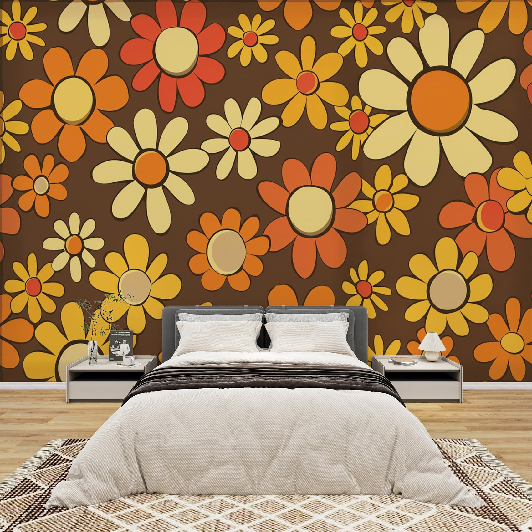 Papier peint panoramique rétro fleurs orange pour masquer les défauts du mur
