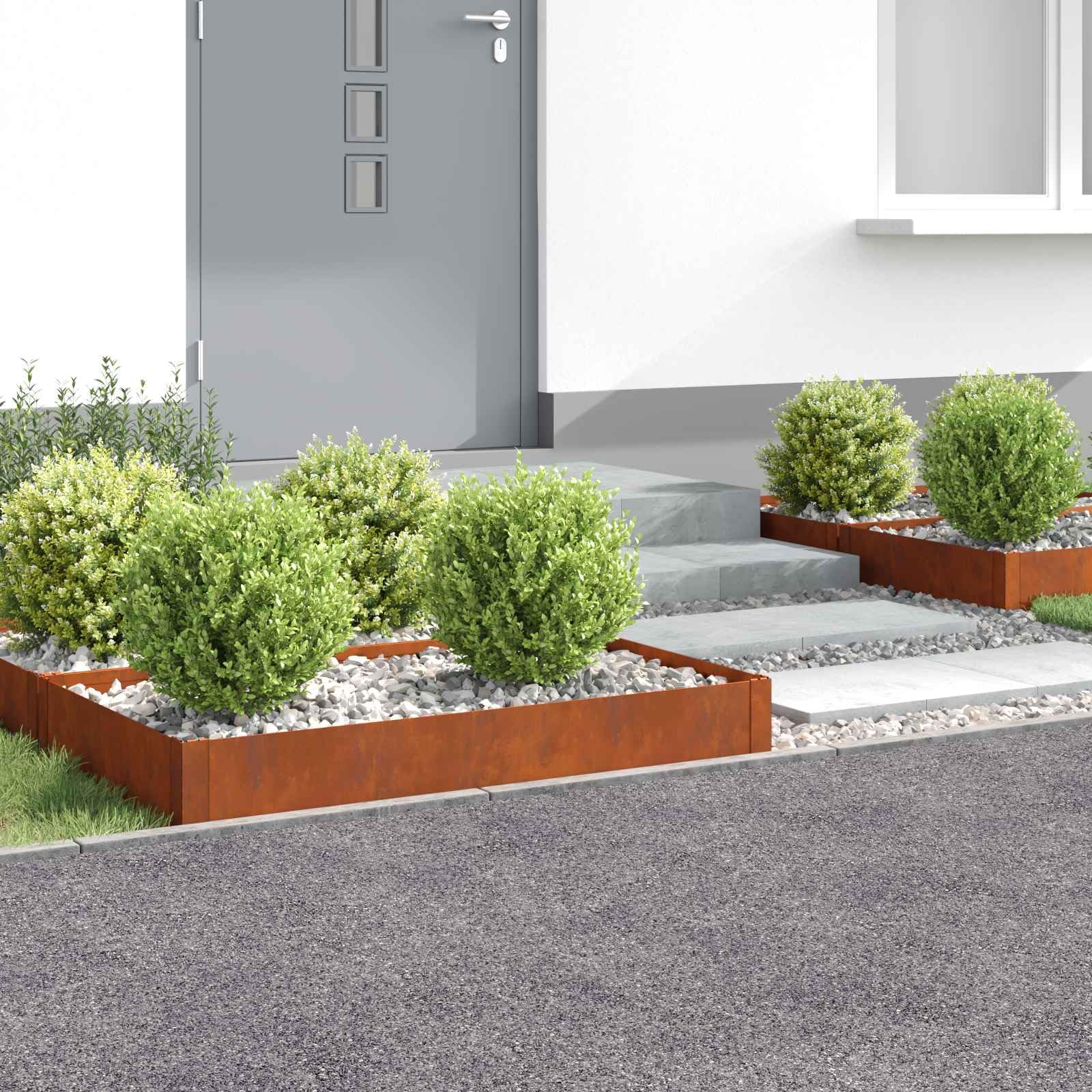 Obramowanie trawnika ze stali, zardzewiałe, 4 sztuki, 100 x 60 x 20 cm, obramowanie grządki ogrodowej z systemem wtykowym, do grządek i rabatek na rośliny w ogrodzie przed domem i w ogrodzie