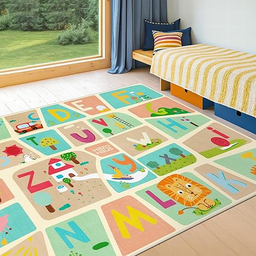 Miniatura 33 de Alfombra lavable para niños para sala de juegos – 5x7 alfombra de juego para habitación de niños pequeños, alfombra educativa con mapa del mundo y