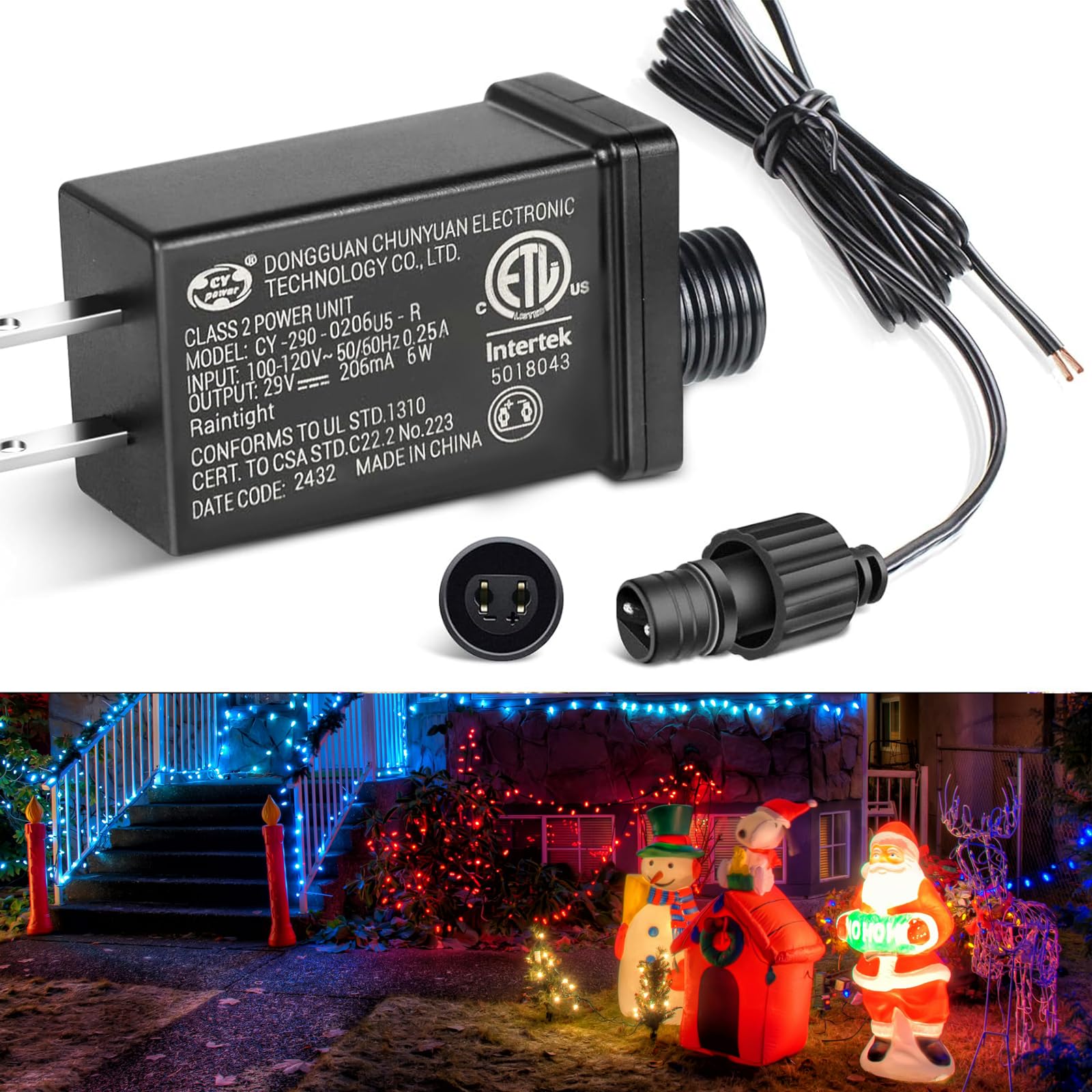29V6W Class 2 Power Supply with 6.56FT Extension Cord, AC to DC Low Voltage Transformer, IP44 Waterproof Replacement Yard Inflatable Adapter Driver, Power Unit for Halloween Christmas, ETL Listed