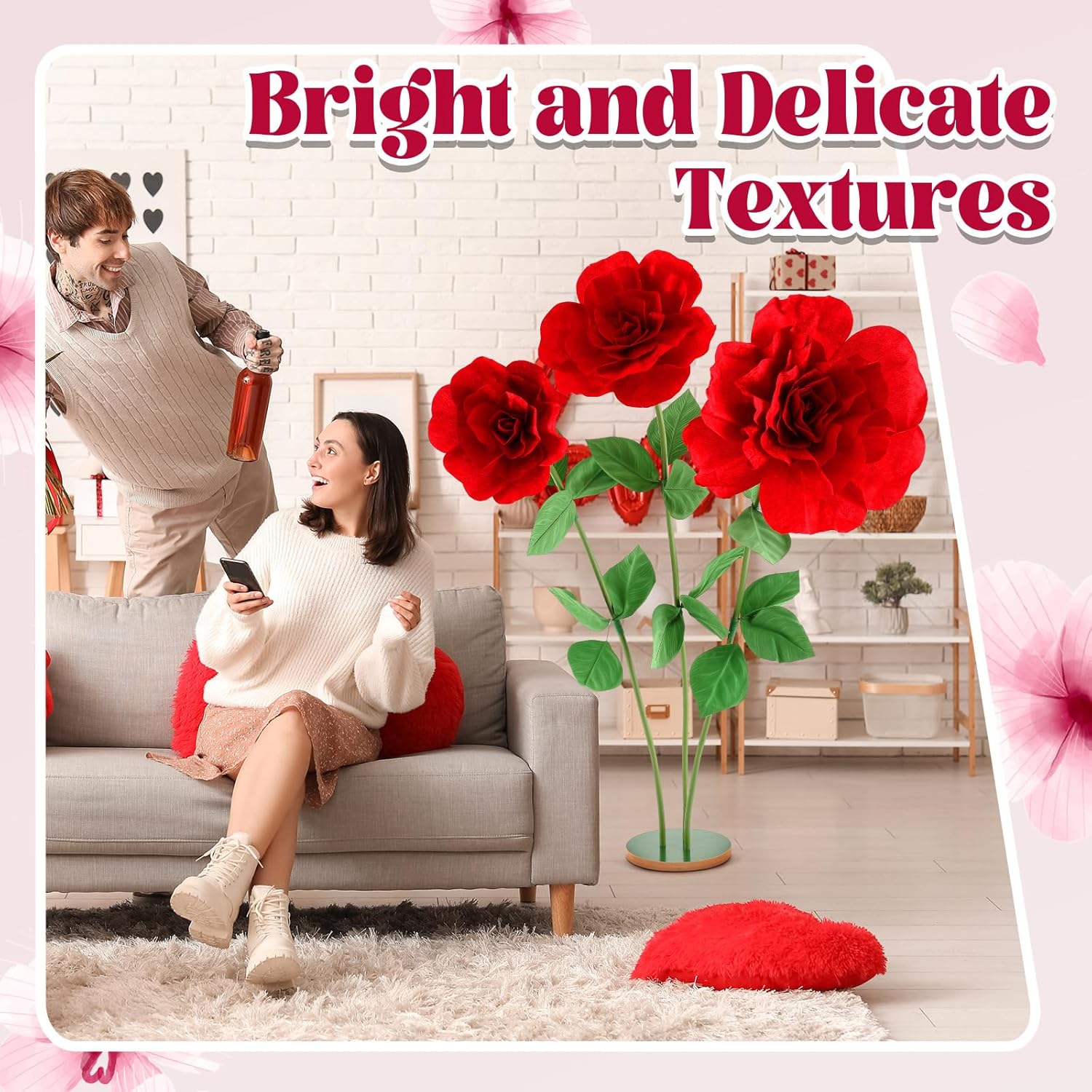 2 Set 4.5 ft Giant Artificial Flowers Giant Rose for Decorations Huge Flannel Flower with Standing Base Creative Gift for Window Reception Banquet Ceremony Floral Decor (Red)