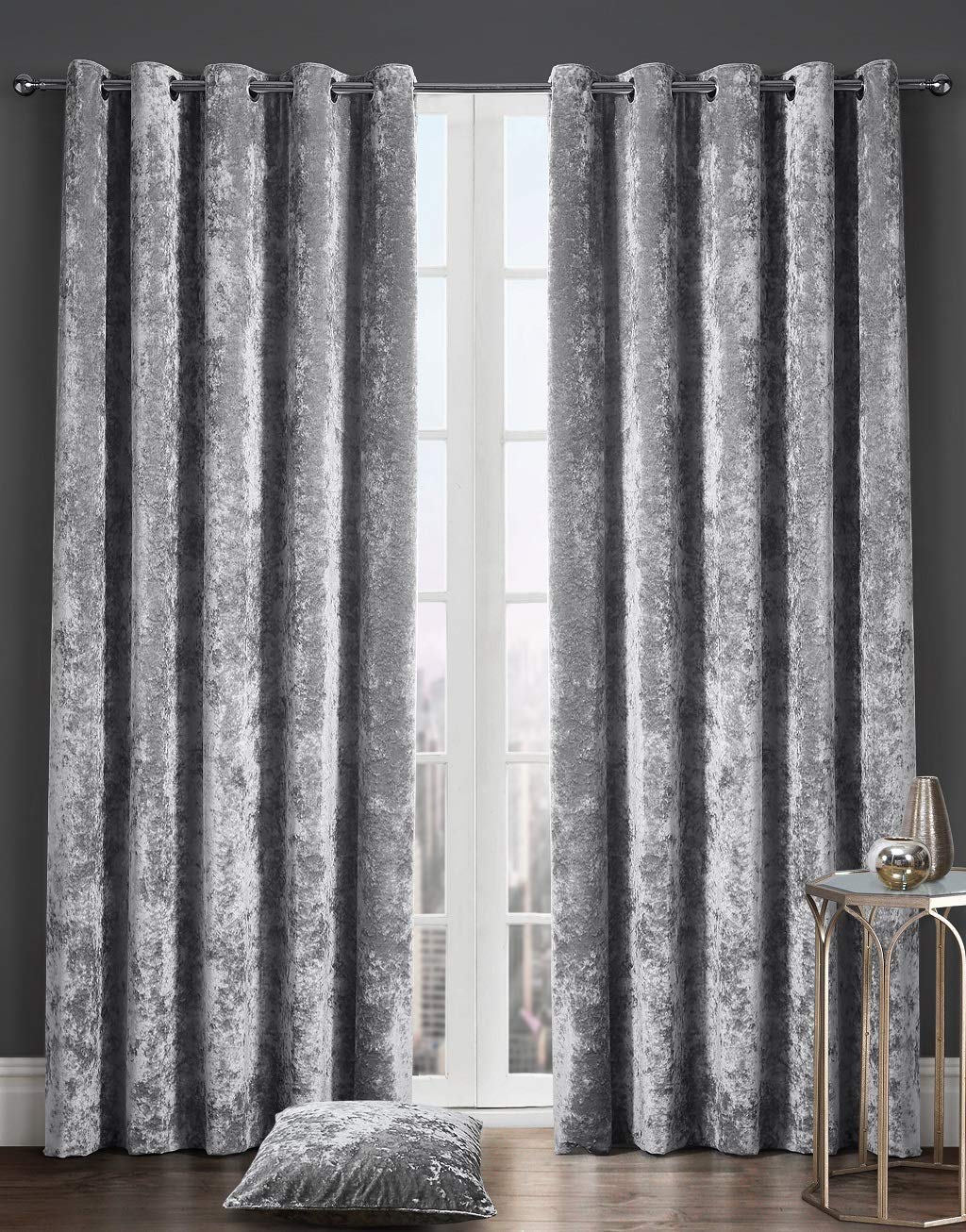 Lj Silver New Crushed Velvet Luxury Curtains Eyelet Top Fully Lined Thick Curtain Pairs (, 66" Wide X 54" Drop)