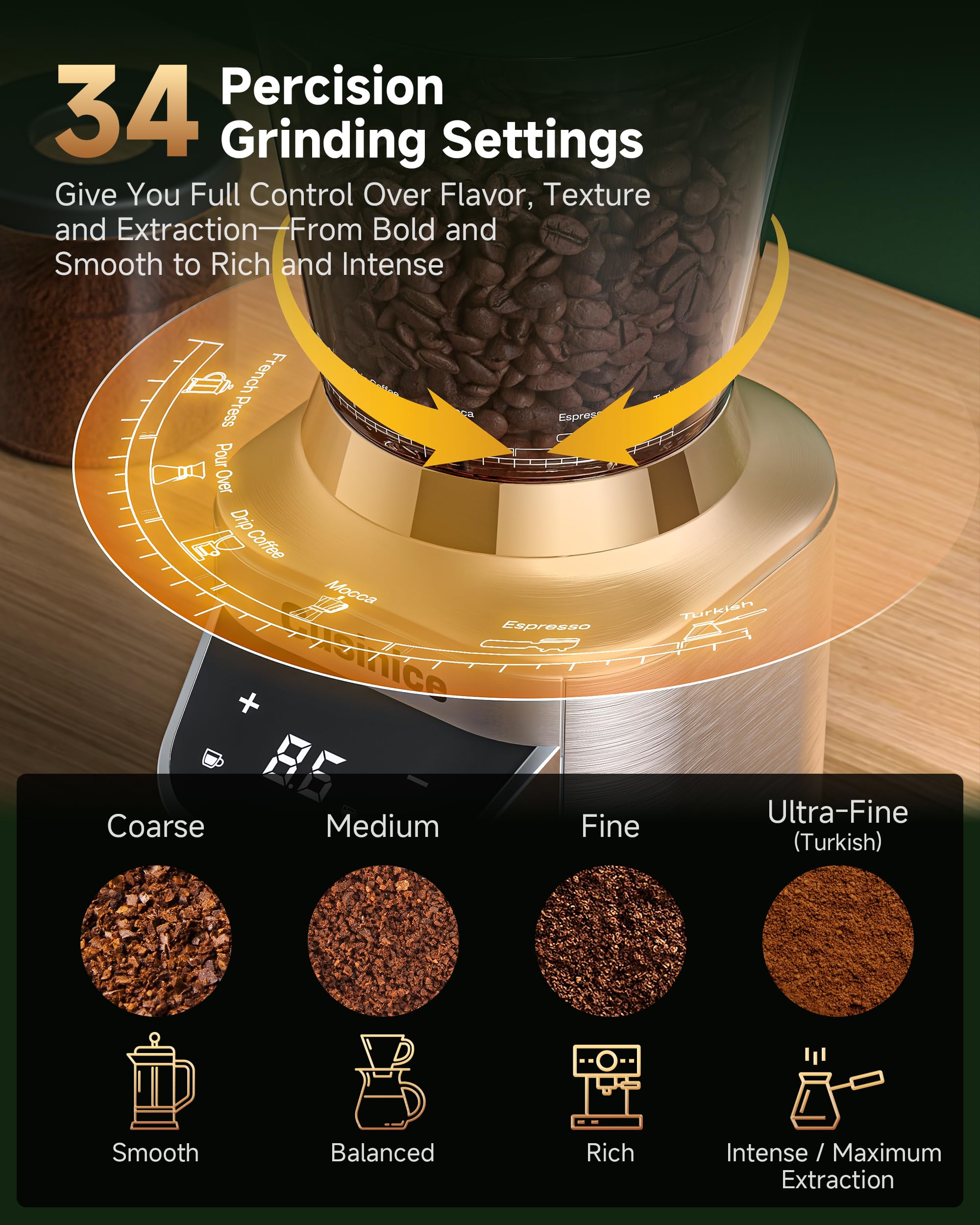 Stożkowy młynek do kawy do użytku domowego, antystatyczny młynek do espresso z 34 ustawieniami mielenia, zadzior ze stali nierdzewnej 40 mm, timer 0,1 s, uchwyt na portafilter, ekran dotykowy