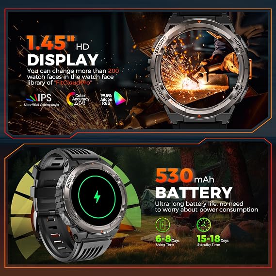 KE5 Military Smart Watch for Men with Flashlight SOS 3ATM Waterproof Watch 530mAh Big Battery 1.45 Rugged Tactical Smartwatch with Compass Elevation Barometer Fitness Watch for iPhone (Brown+OLight)