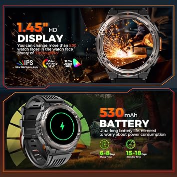 KE5 Military Smart Watch for Men with Flashlight SOS 3ATM Waterproof Watch 530mAh Big Battery 1.45 Rugged Tactical Smartwatch with Compass Elevation Barometer Fitness Watch for iPhone (Brown+OLight)