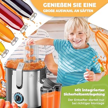 KESSER Juicer for fruit and vegetables made of stainless steel 1100W large input opening of 85 mm incl. cleaning brush and juice container 3 speed settings, Juicer