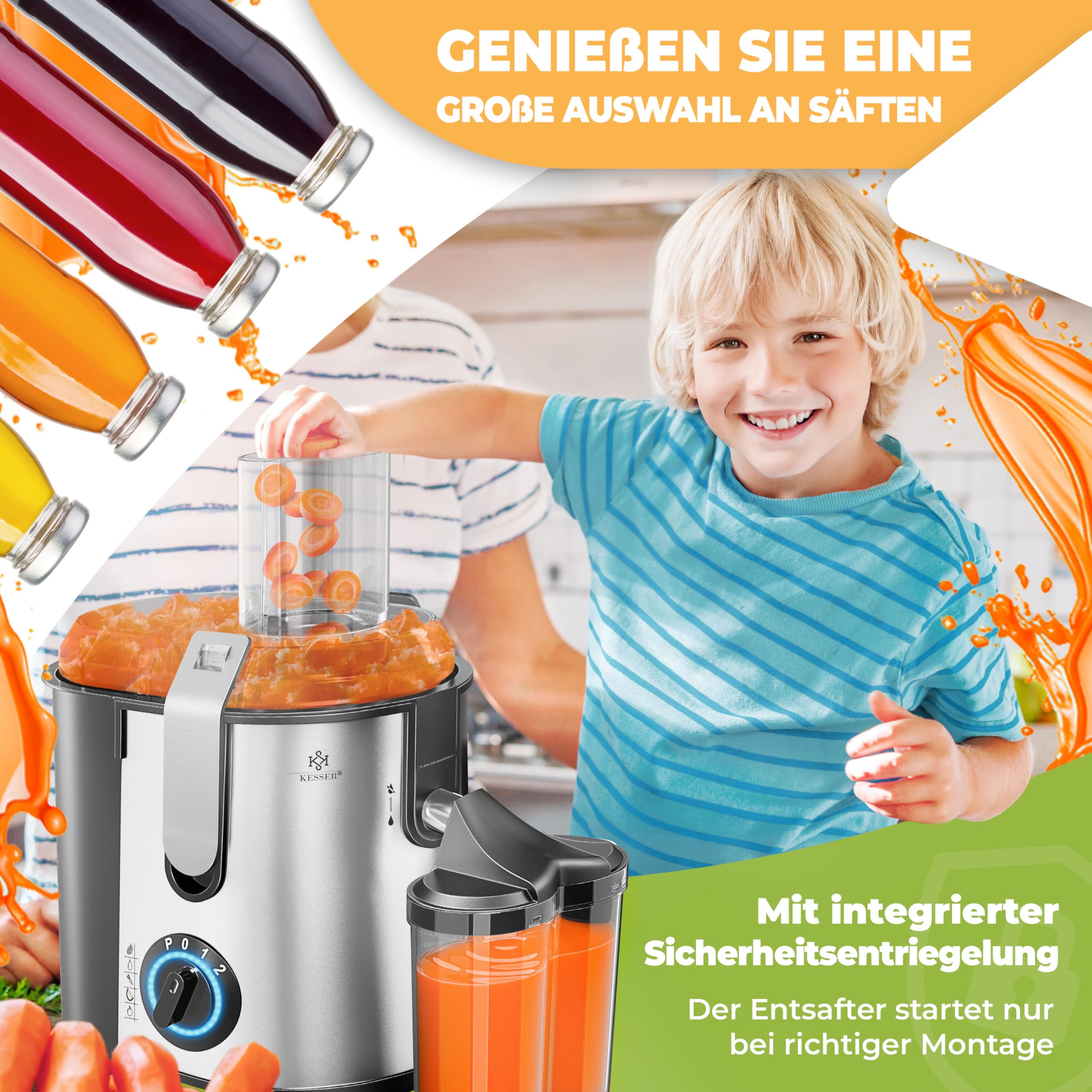 KESSER Zentrifuge Entsafter 1100W Edelstahl, Große Fütterungsröhre, 3 Stufen, Elektrische Saftpresse, Grau/Silber