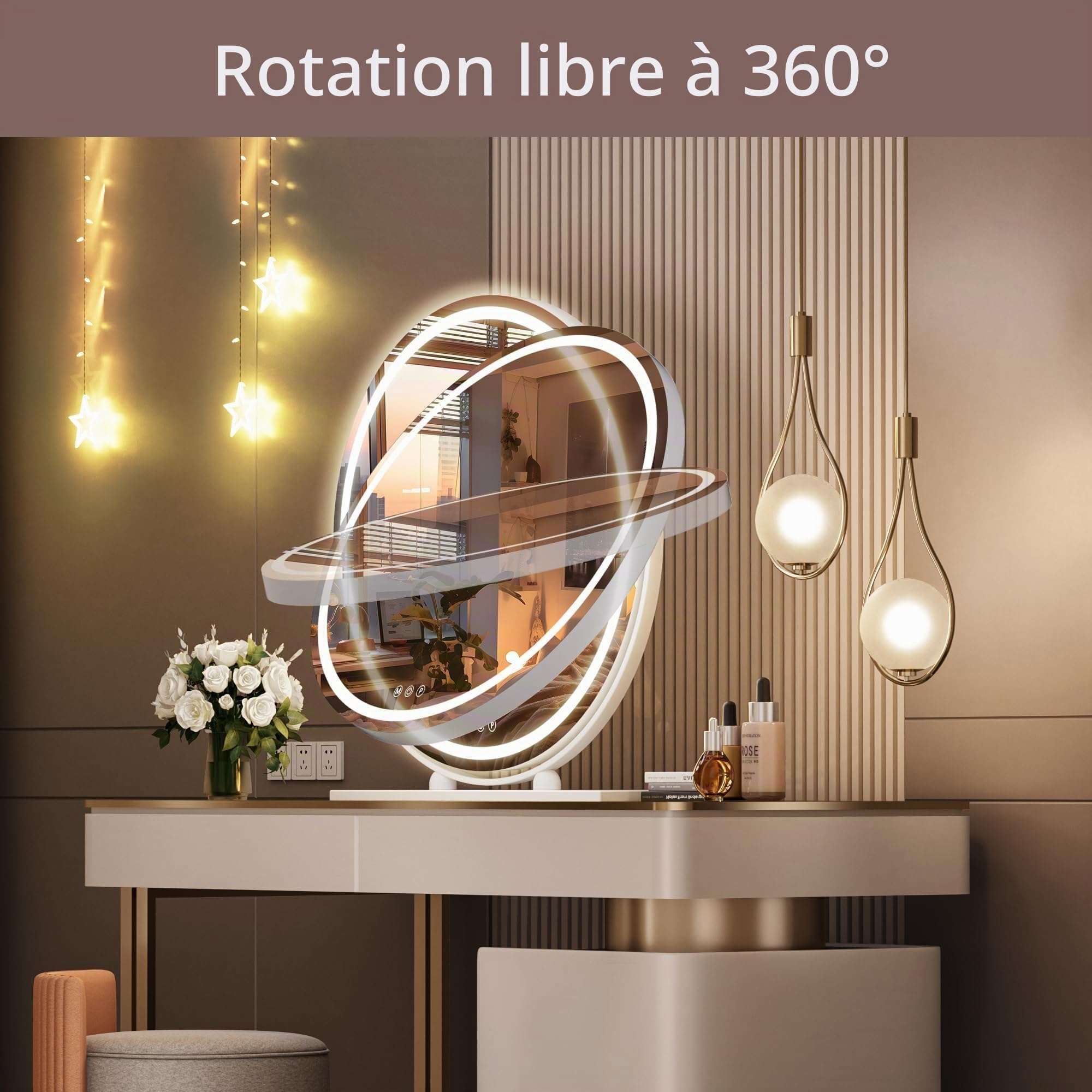 Hasipu Miroir de Coiffure avec éclairage, 60L x 60l cm, Miroir de Maquillage Lumineux avec Commande Tactile Intelligente, 3 Couleurs dimmables, Rotation 360°, Blanc Rond