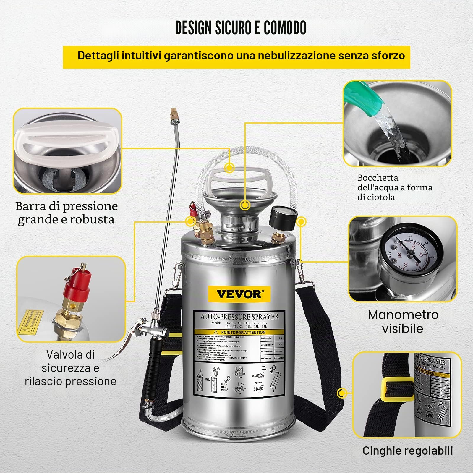 VEVOR Spruzzatore 6L in Acciaio Inossidabile, Spruzzatore Manuale a Pompa, da Giardino Rinforzato a Pressione da 3,3 Pollici, per Giardinaggio Domestico e Pulizia del Terreno