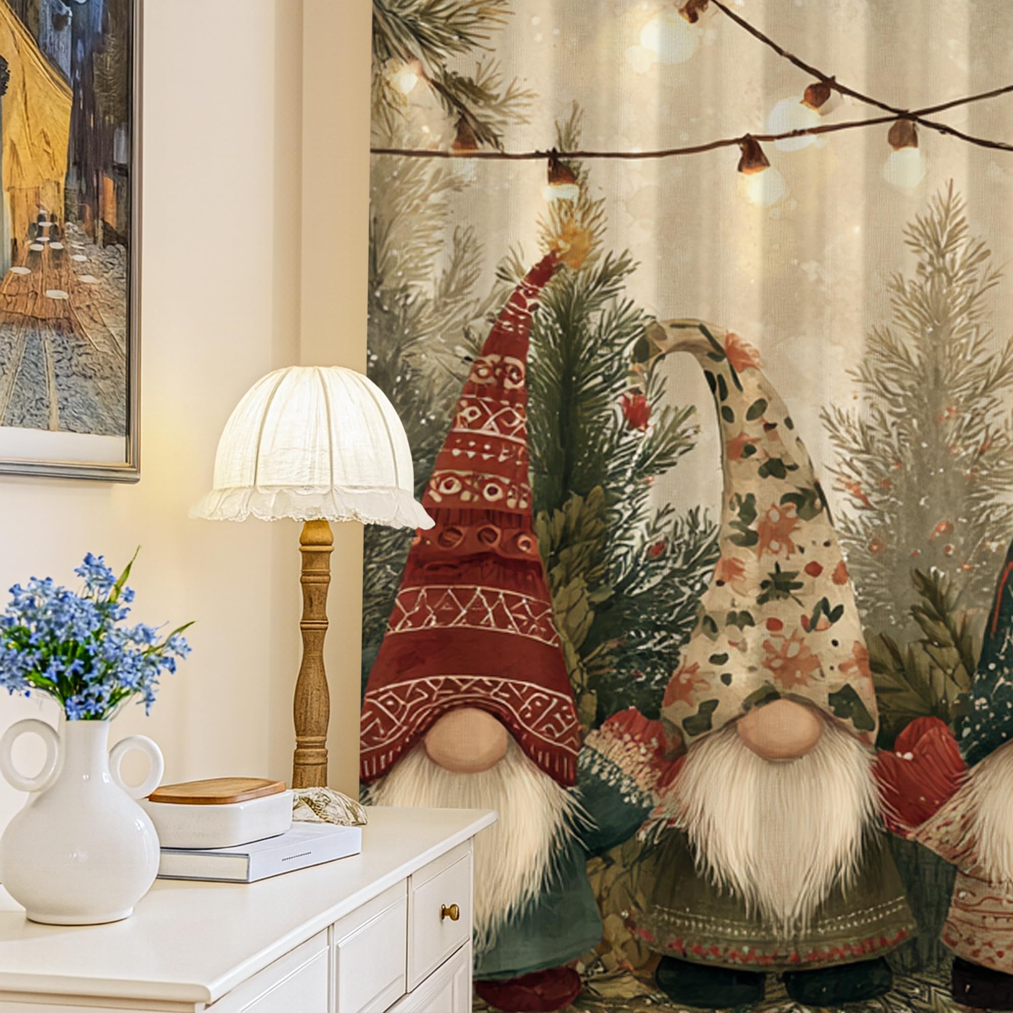 Verdunklungsvorhänge mit Zwerg, festlich, fantasievoller Weihnachtsbaum, Lichterkette, Weihnachtsgrün, maschinenwaschbar, Fenstervorhänge für Schlafzimmer, Kinderzimmer, Dekoration, 132 x 244 cm