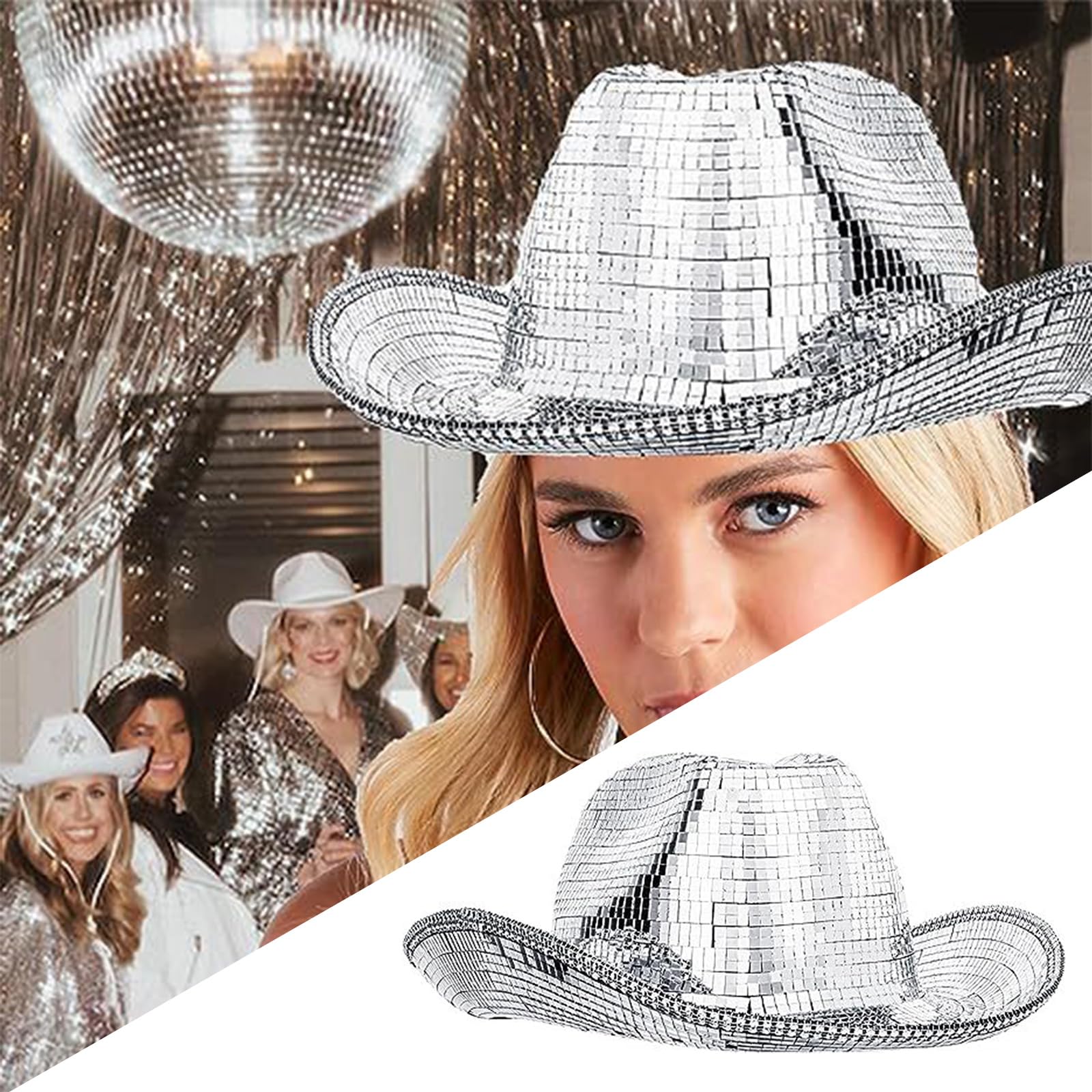 Newwyt Cappello da Discoteca con Specchio Cappello alla Moda con Paillettes Cappello da Festa Cappello da Cowboy per Adulti per Festival Musicali Cappello da Ballo sul Palco Copricapo da Discoteca