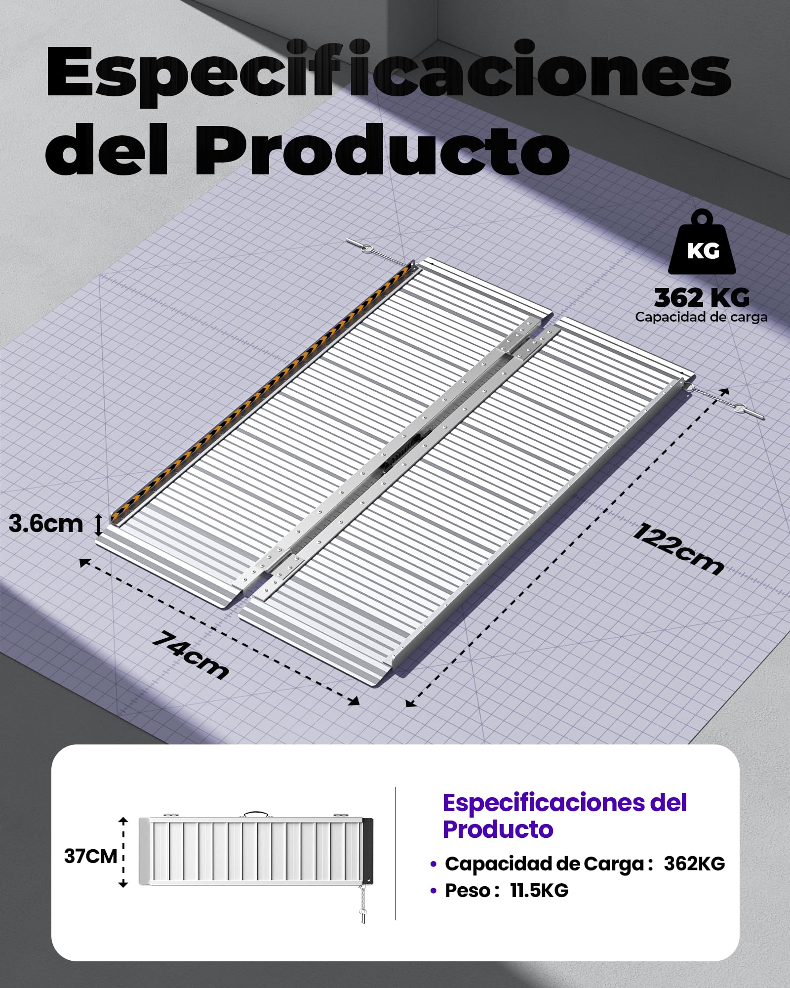 FACHNUO Rampa para Sillas de Ruedas Plegable 122CM Rampa de Umbral, Capacidad 362KG, Antideslizante Extra Ancha 74cm - Rampa de Aluminio Portátil para Escaleras, Peldaños, Puertas, Entradas