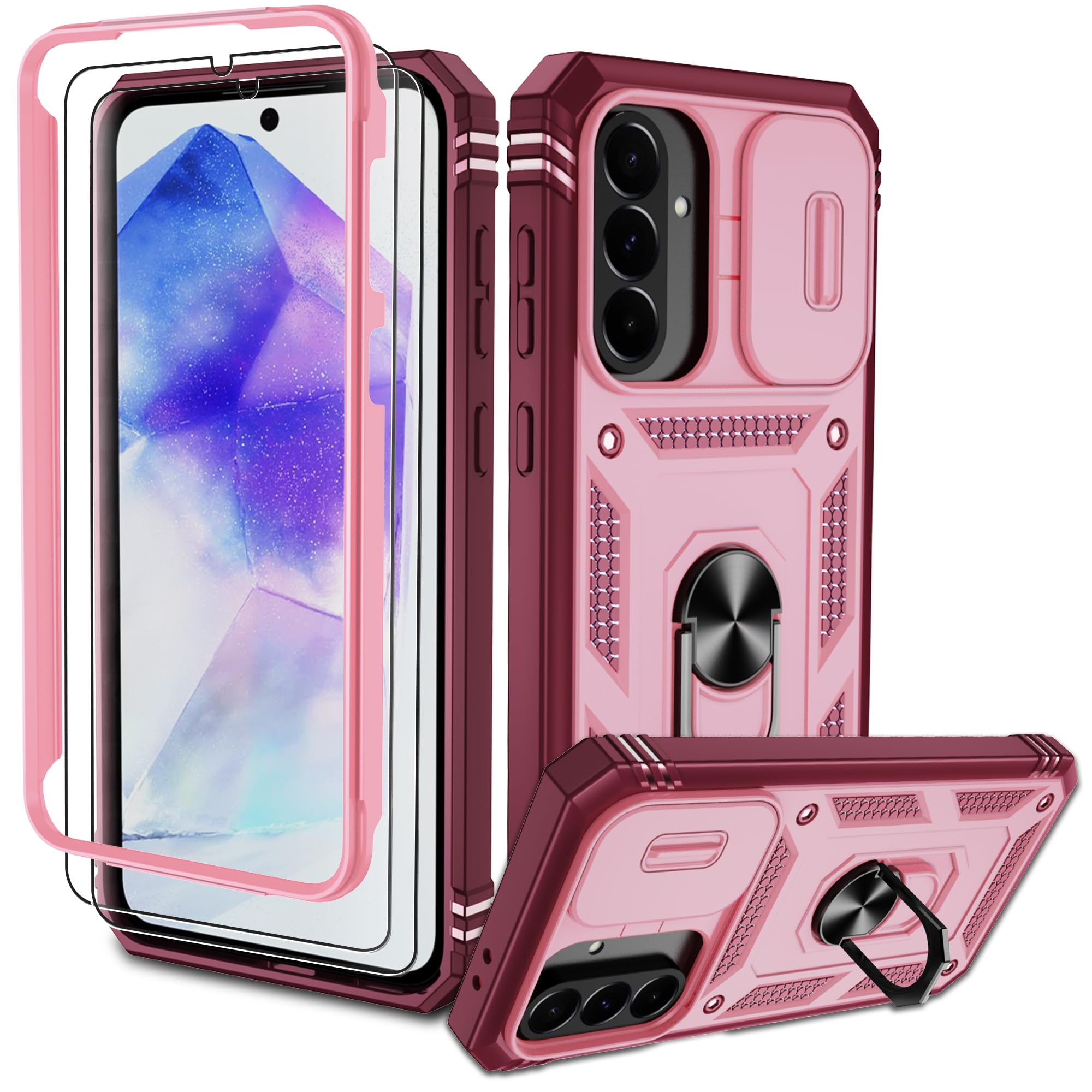 Pilaru Handyhülle für Samsung Galaxy A36 5G Hülle,Kameraschutz Case mit 2 Stück Schutzfolie, 360° Drehhalter Ring Schutzhülle Militär Cover Outdoor Stoßfest Kratzfest A 36 Handy Hüllen Rosa