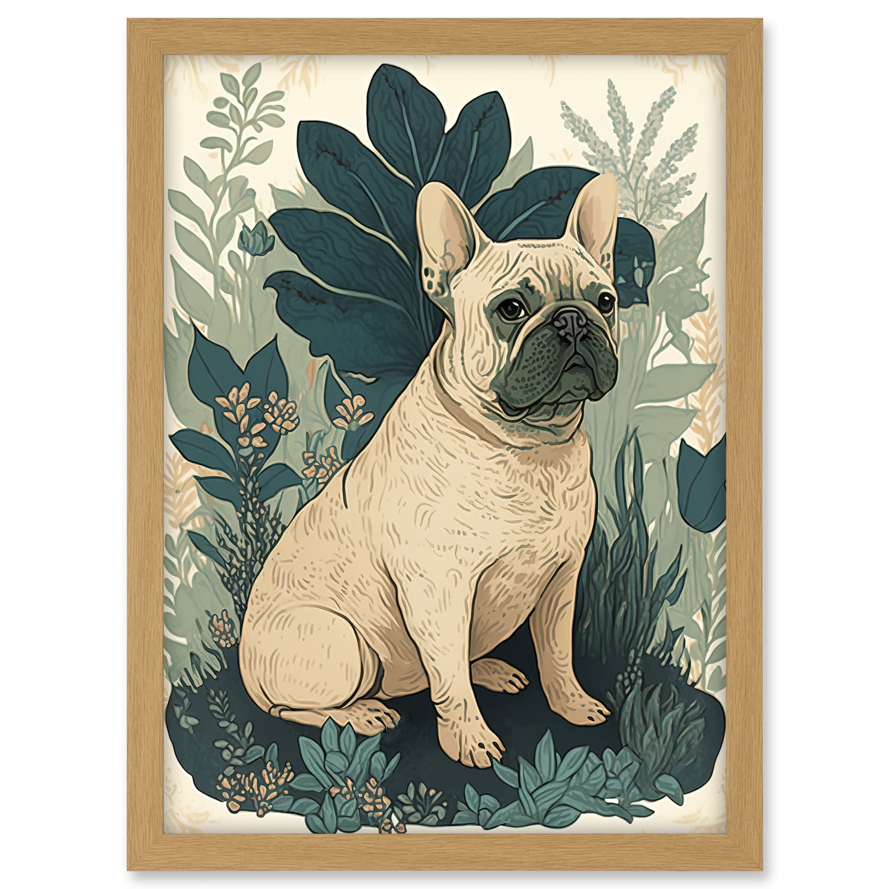 Artery8 French Bulldog and Tropical Plants Modern Pastel Colour Boho Illustration Artwork Framed A3 Wall Art Print