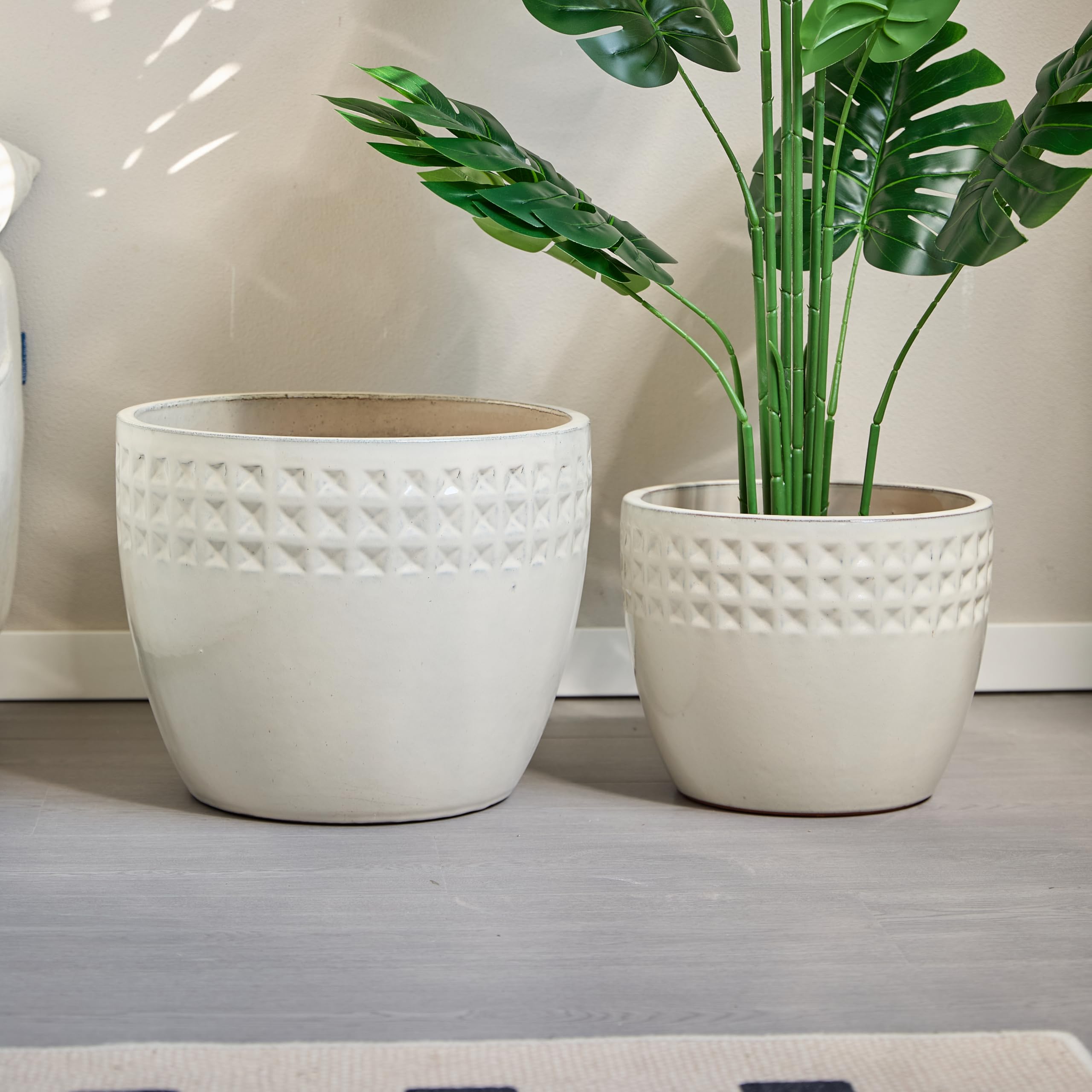Zestaw doniczek ceramicznych, 3-częściowy, ręcznie wykonana, antyczna biała ozdobna doniczka z białym wzorem w romby, Ø 38/30/23 cm, otwory odpływowe, odporna na mróz, do użytku wewnątrz i na