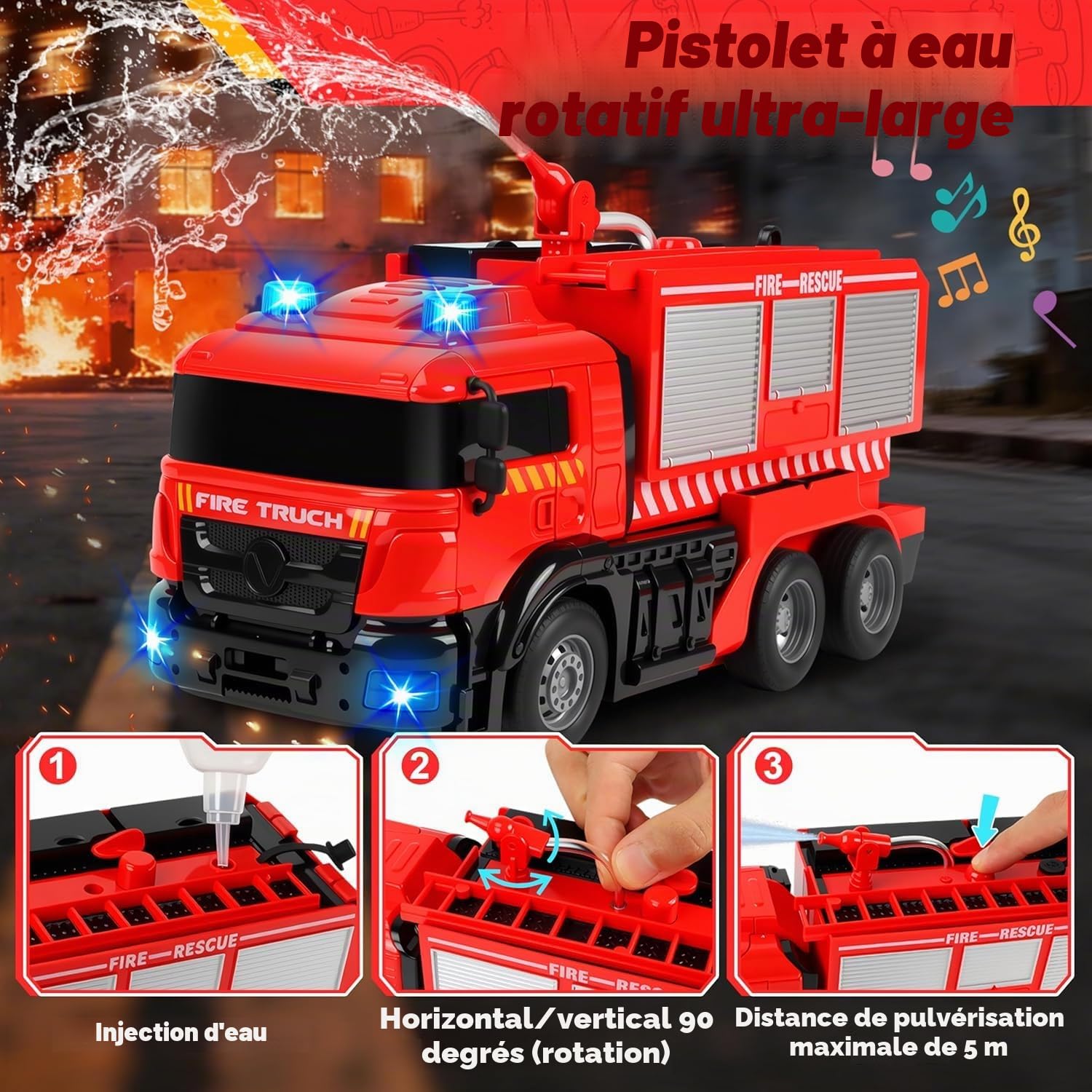 JONRRYIN Camion de pompiers télécommandé, 1:14 Grand jouet de pompiers avec lumière et son, jet d'eau, transformateur 2 en 1, voiture télécommandée jouet, voiture jouet enfants cadeaux de Noël